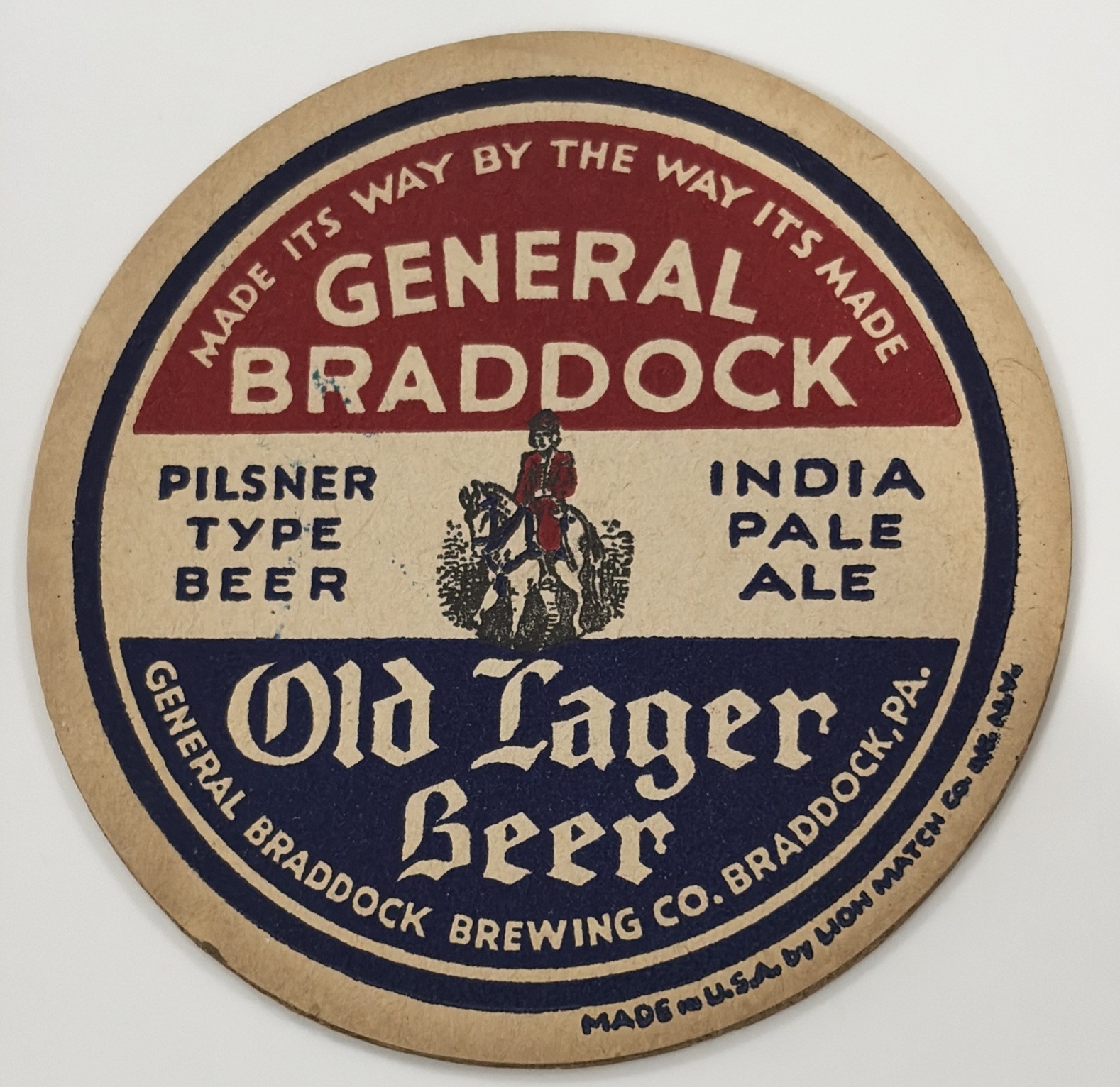 Patriotic General Braddock Beer Coaster 4 Inch Braddock Pennsylvania 1930’s