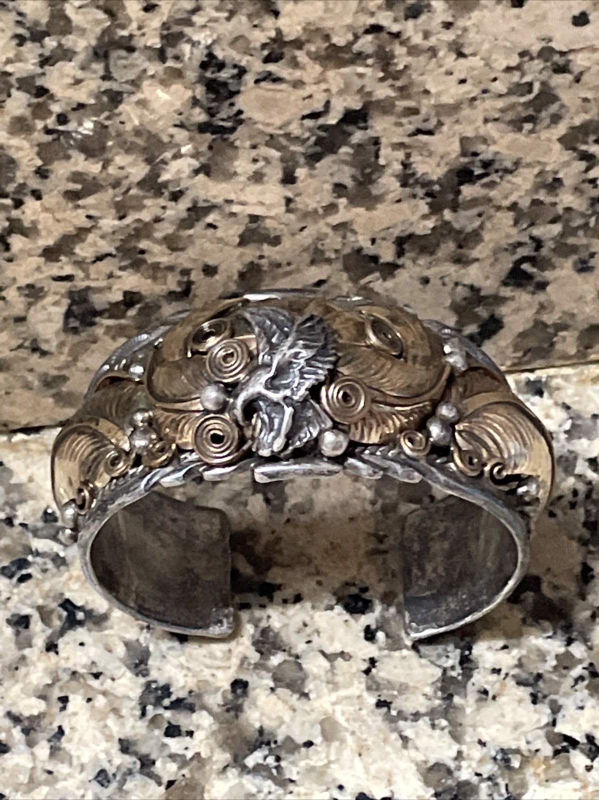 Vintage 1987 Allen Chee Navajo Sterling Gold Eagle Cuff Bracelet 58g EARLY MARK