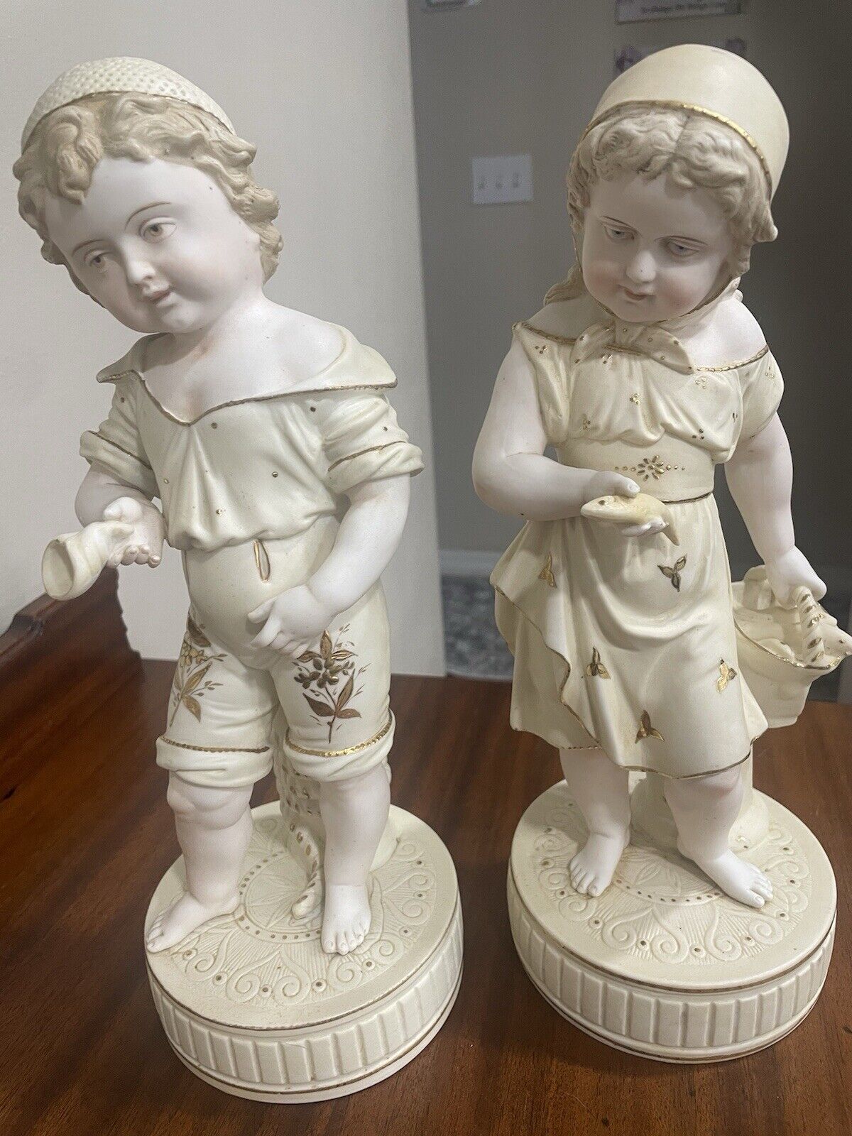 Large Victorian Bisque Porcelain Figurines Pair Boy & Girl Gold Accents