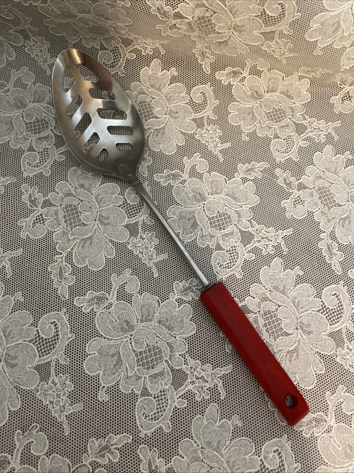 Vintage Androck Red Bakelite Handle Slotted Spoon Stainless Steel Nice