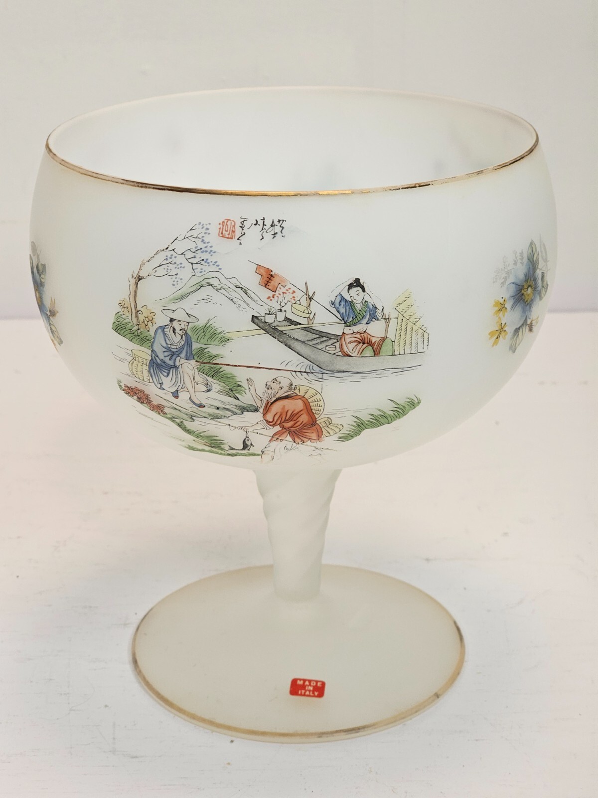 Vintage Frosted Satin Hand Painted Glass Asian Motif Compote Made In Italy