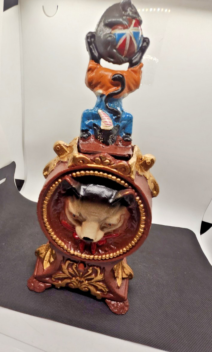 VTG Cast Iron Cat & Mouse Mechanical Coin Bank, Working Reproduction Piggybank