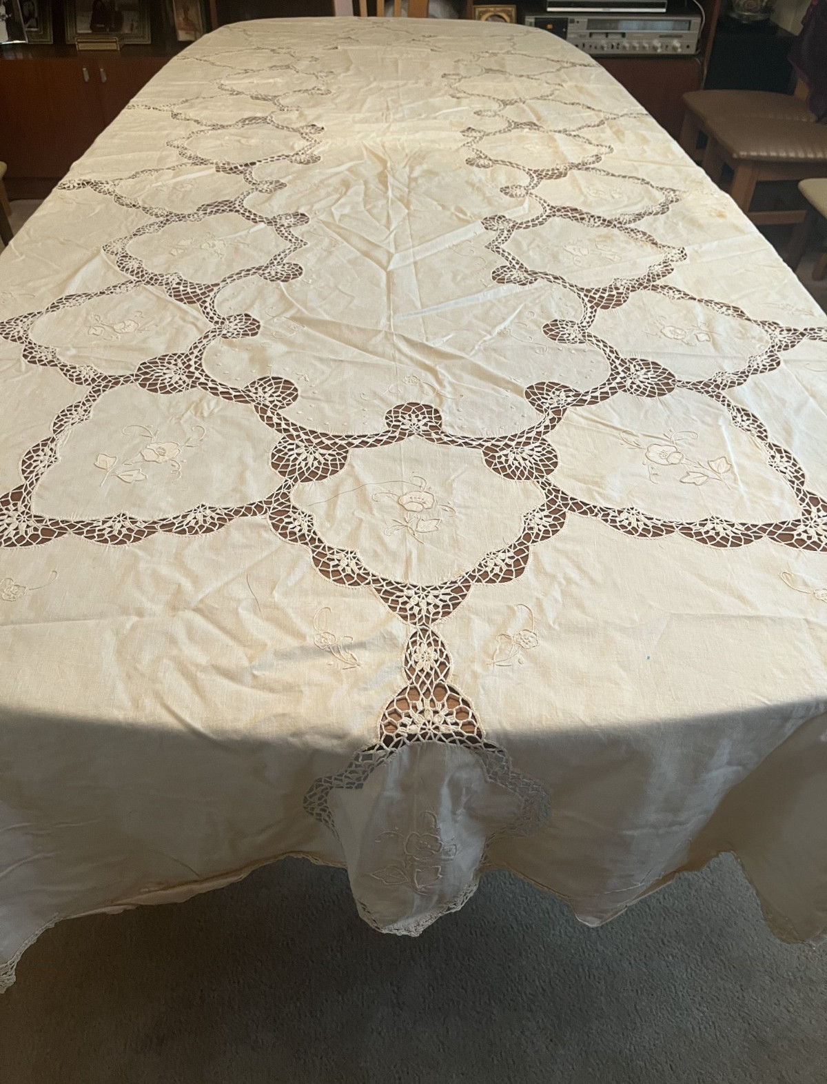 Vintage Italian Cotton Embroidery Crochet Beige Tablecloth 63