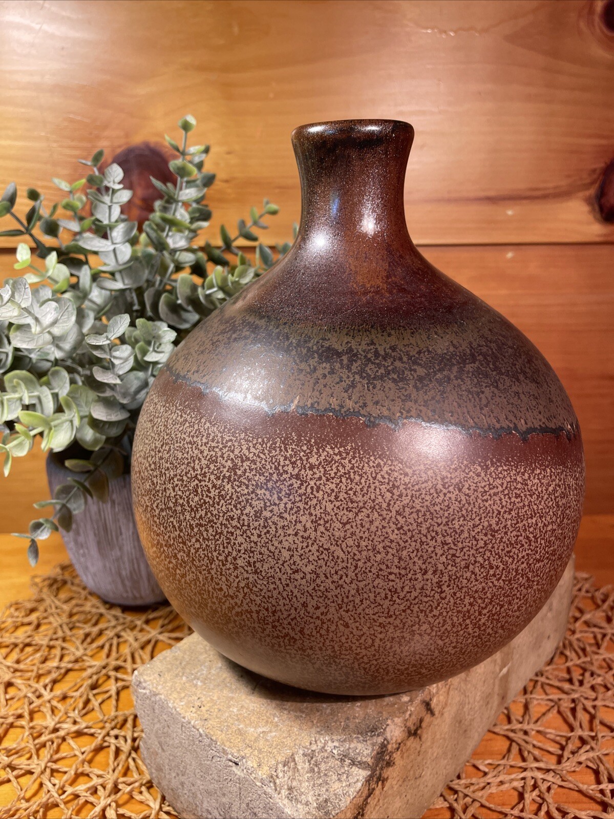 Vintage Brown Drip Stoneware 8.5 In Vase Great Rustic Primitive Farmhouse Decor