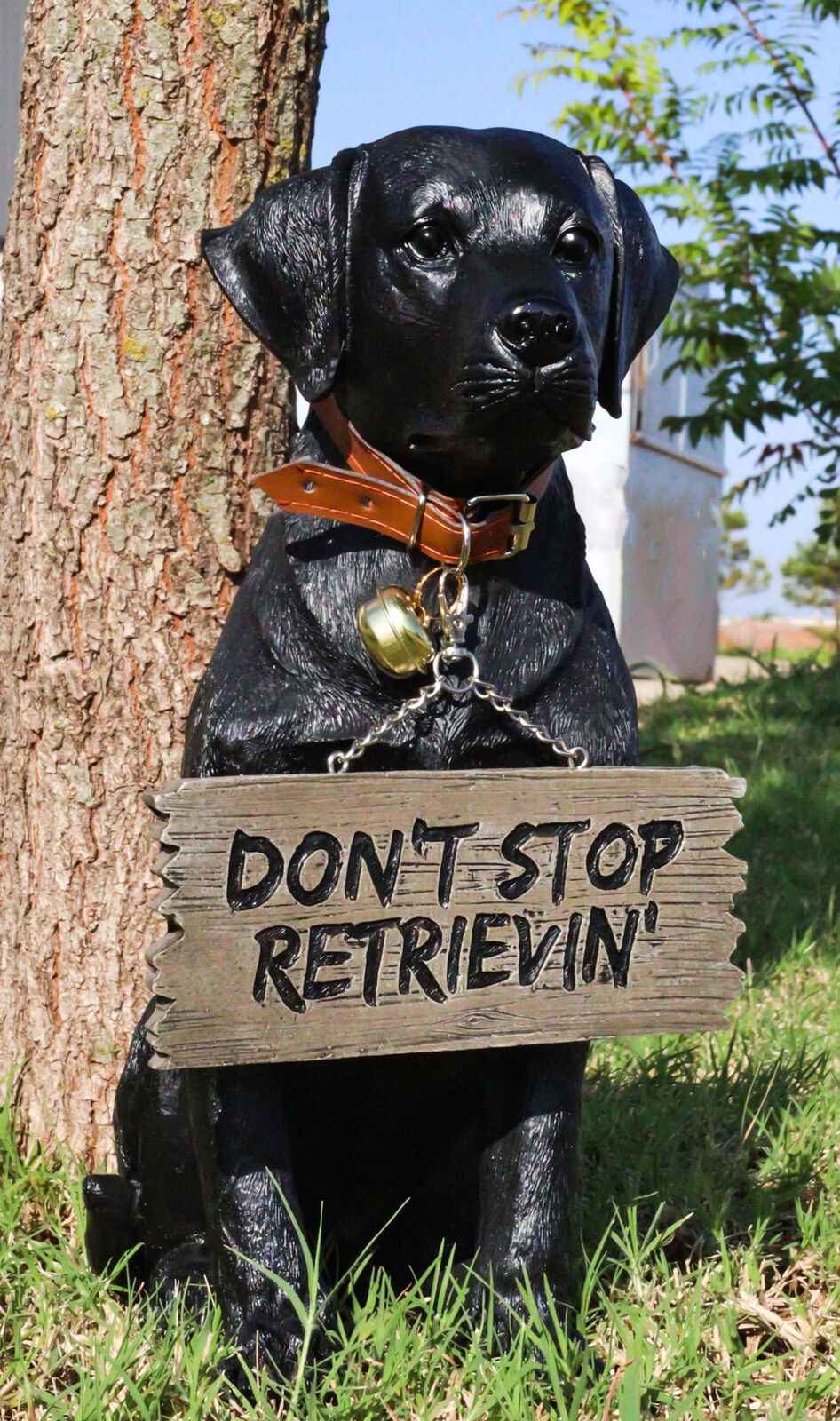 Lifelike Black Labrador Retriever Dog With Welcome Jingle Collar Sign Statue