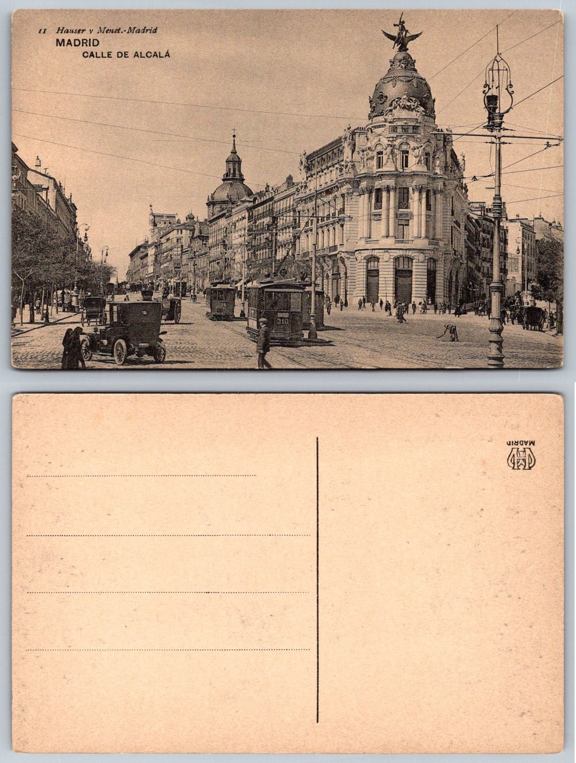 Vintage Madrid Postcard Calle de Alcalá Metropolis Building Tram Hauser y Menet