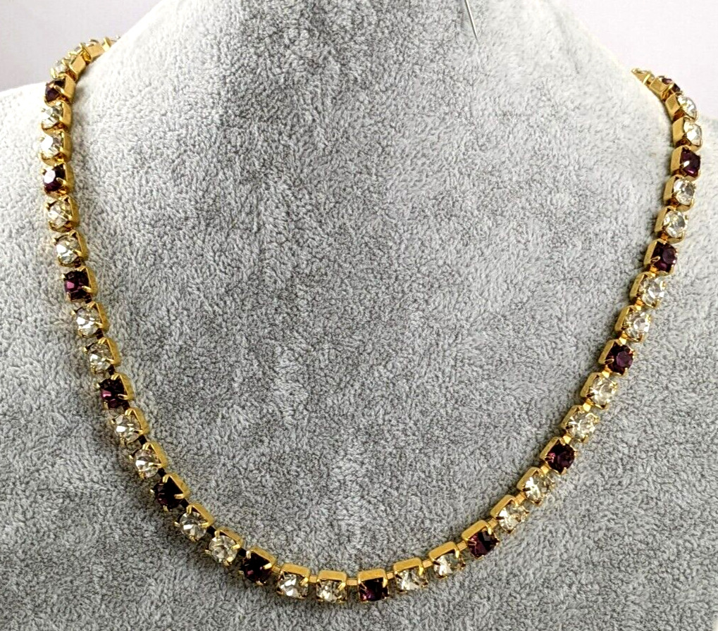 Vintage Trifari Gold Tone Choker Necklace Prong Set Amethyst And Clear Crystals