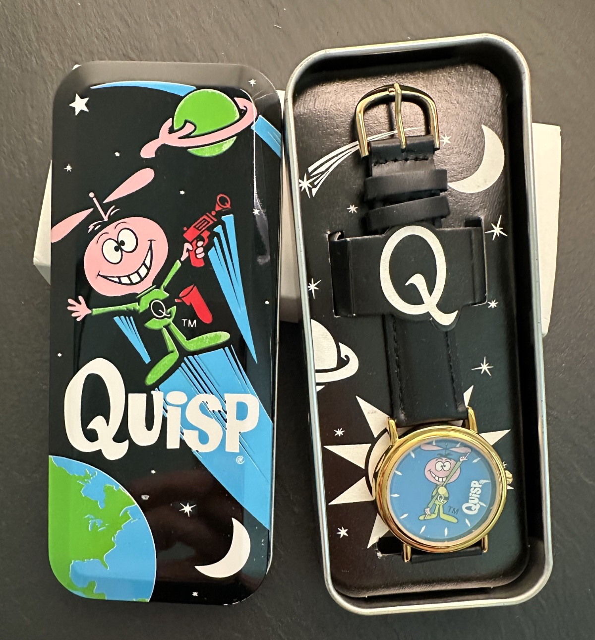 VINTAGE NEW UNWORN QUISP QUAKER CEREAL WATCH IN TIN WITH MAILER SLEEVE I701