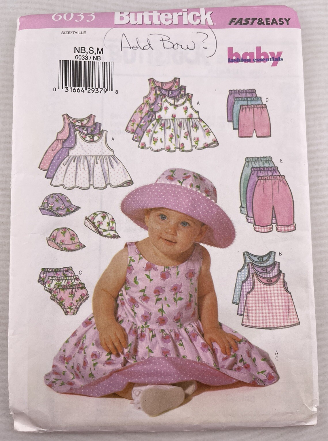 1990's Butterick Infants' Dress,Top,Pants,Shorts,Panties Pattern 6033 Size NB-M