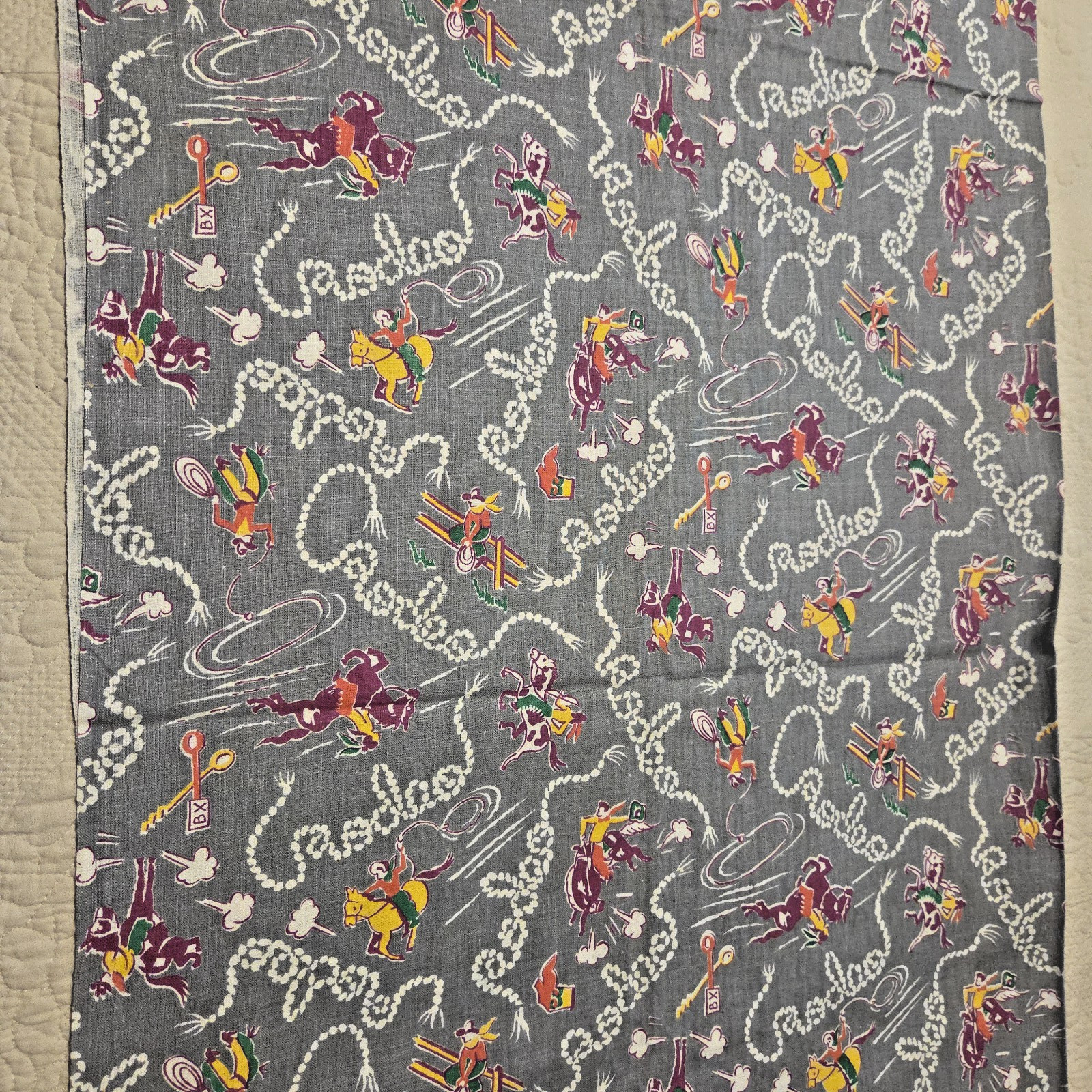Vintage Feedsack Fabric Cowboy Horse Rodeo Theme on Gray 42\ Vintage Feedsack Fabric Cowboy Horse Rodeo Theme on Gray 42\