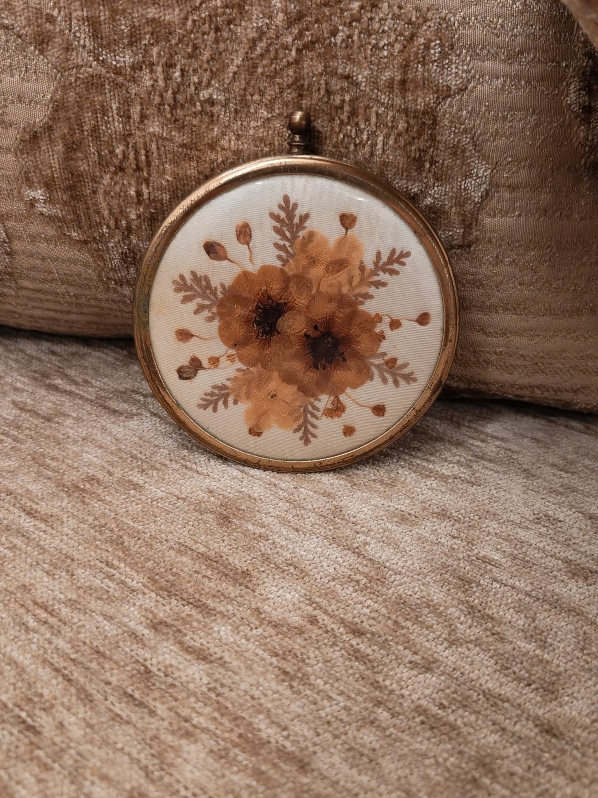 Vintage Pressed Dried Flower Art Convex Glass Brass Frame 3.5\