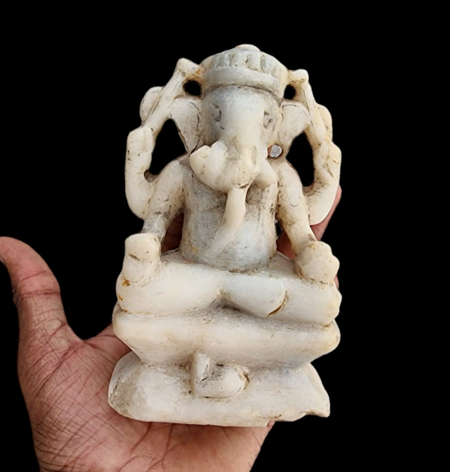 1800's Old Vintage Antique Marble Stone Hand Carved God Ganesh Figure / Statue
