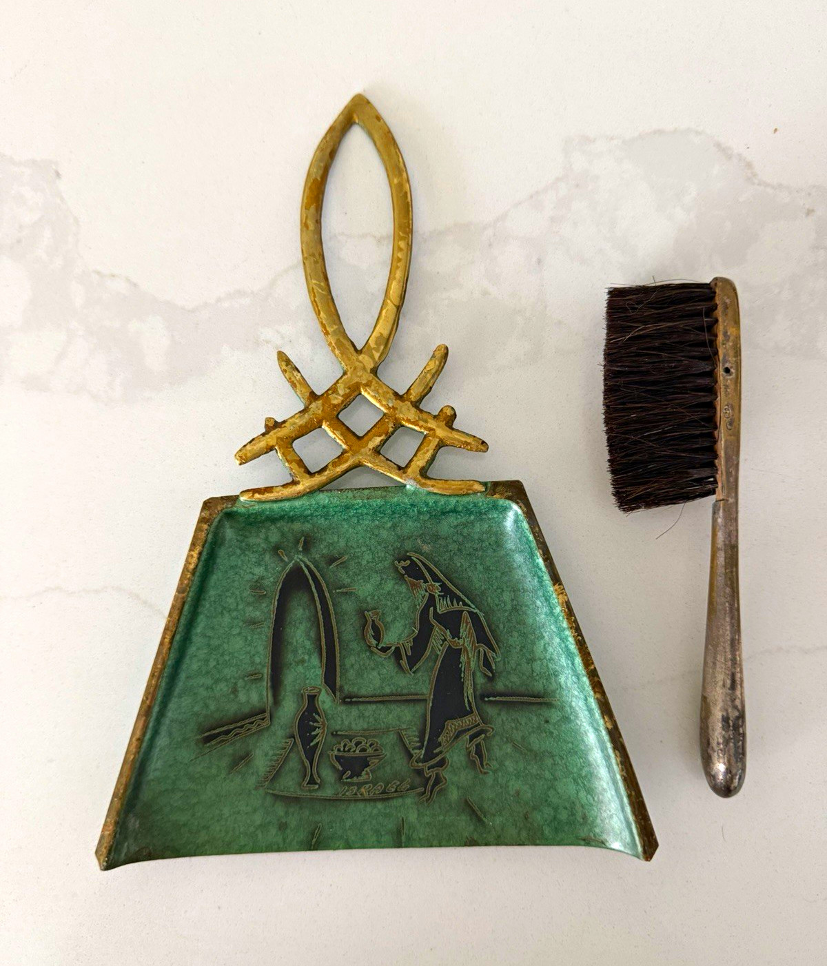 VTG Mid-Century A.N. Oppenheim Enameled Brass Silent Butler Crumb Pan & Brush