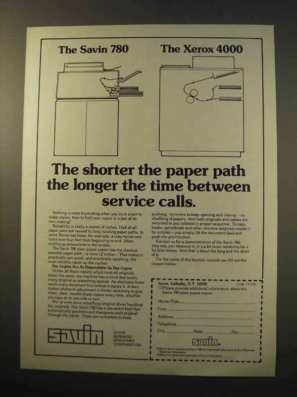 1977 Savin 780 Copier Ad - Shorter Paper Path 1977 Savin 780 Copier Ad - Shorter Paper Path