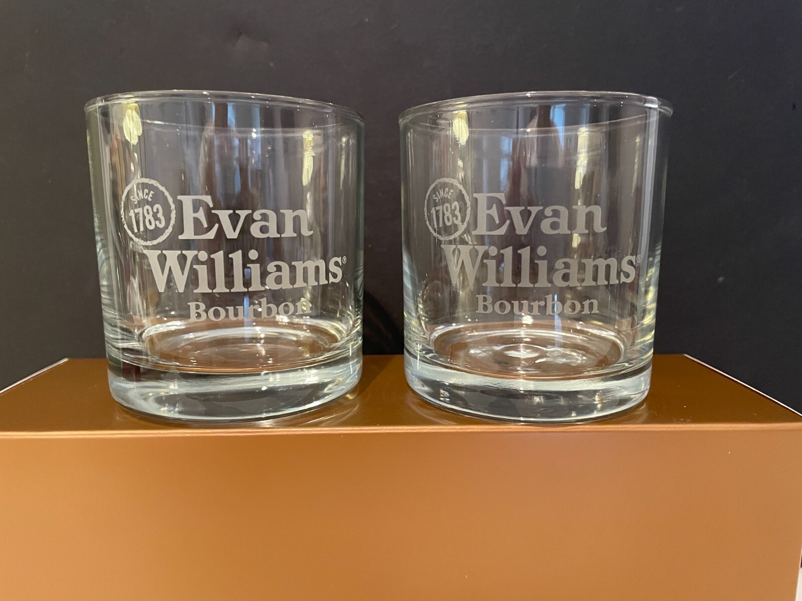 Two (2) Evan Williams Bourbon Whiskey Etched Rocks Glasses - Since 1783