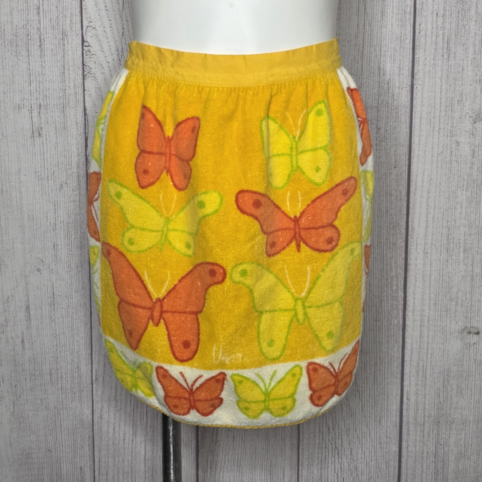 Vtg 70s Vera Butterfly Terrycloth Half Apron Mod Orange Yellow Green Kitchen