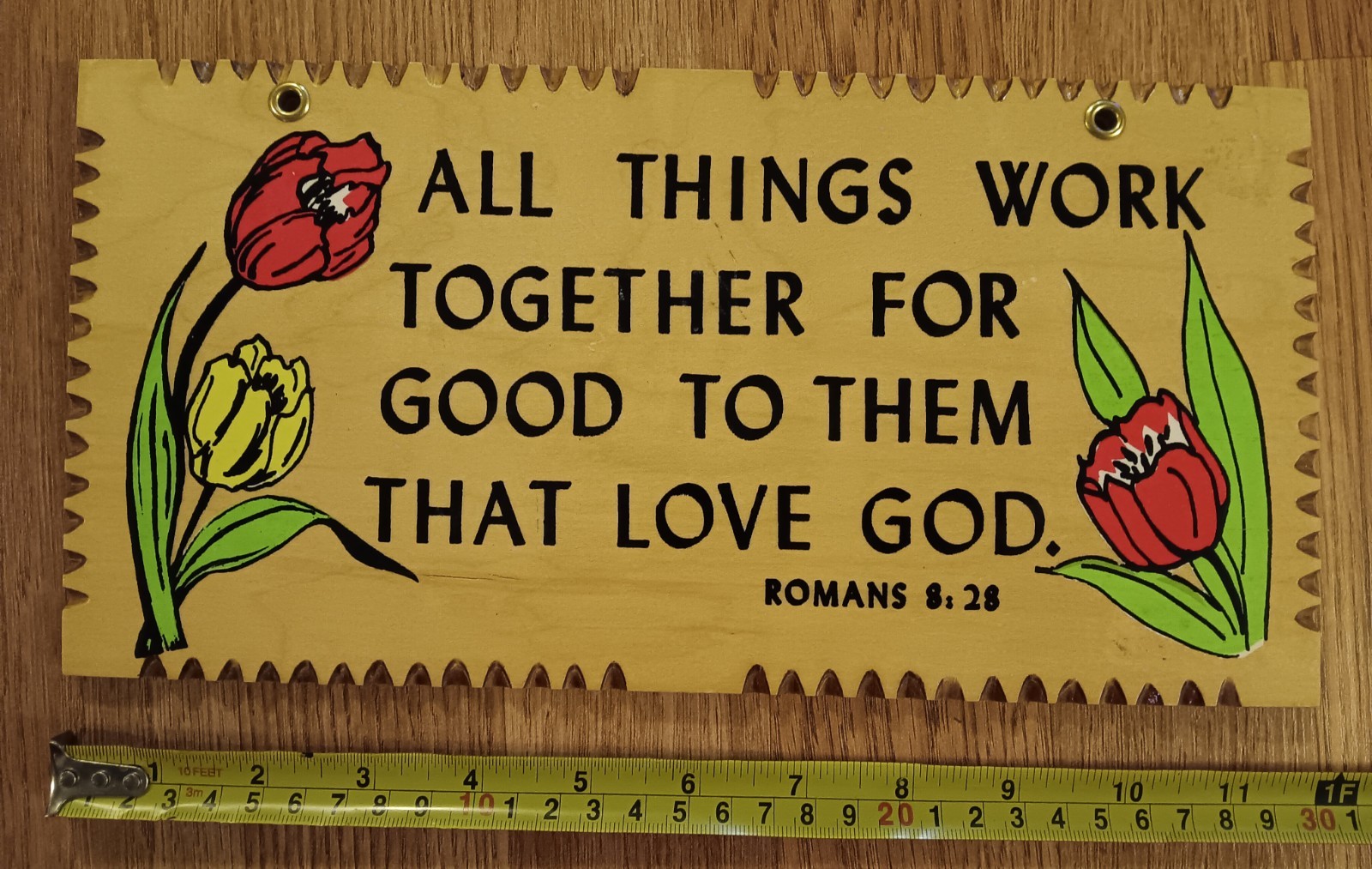 Vintage Christian Wood Wall Plaque Romans 8:28 Hand Painted Folk Art Sign Rare