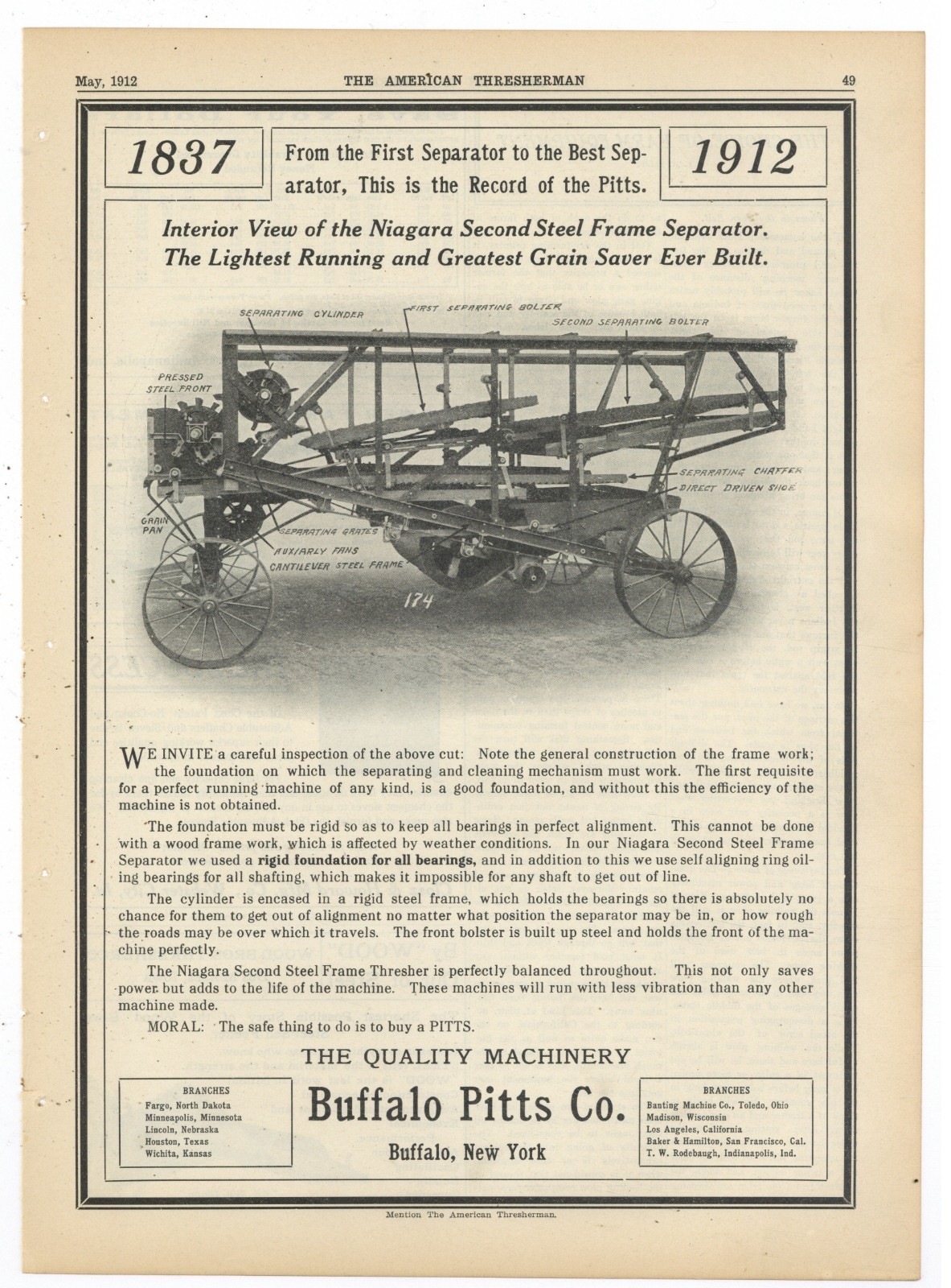 1912 Buffalo Pitts of Buffalo, New York Ad: Niagara Second Steel Frame Separator