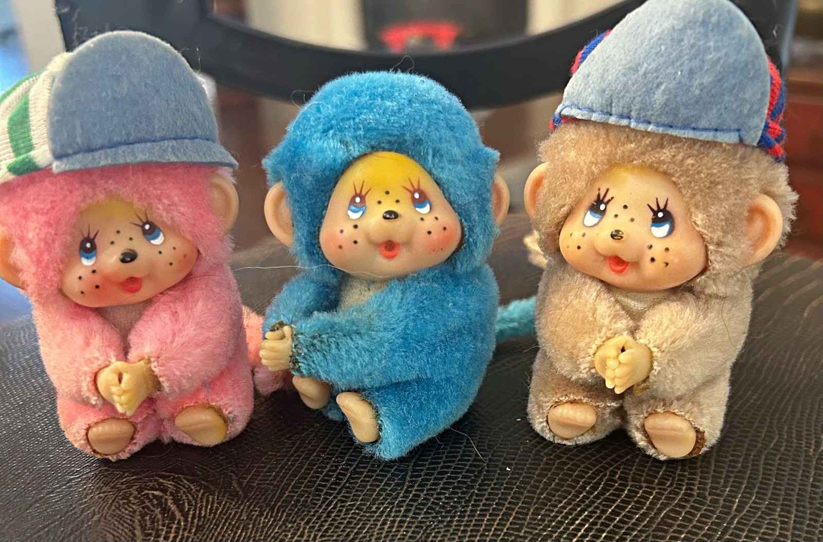 Vintage 1970s-80s Monchhichi Lot of 3 Blue Eyes Pink Blue Beige Vintage 1970s-80s Monchhichi Lot of 3 Blue Eyes Pink Blue Beige