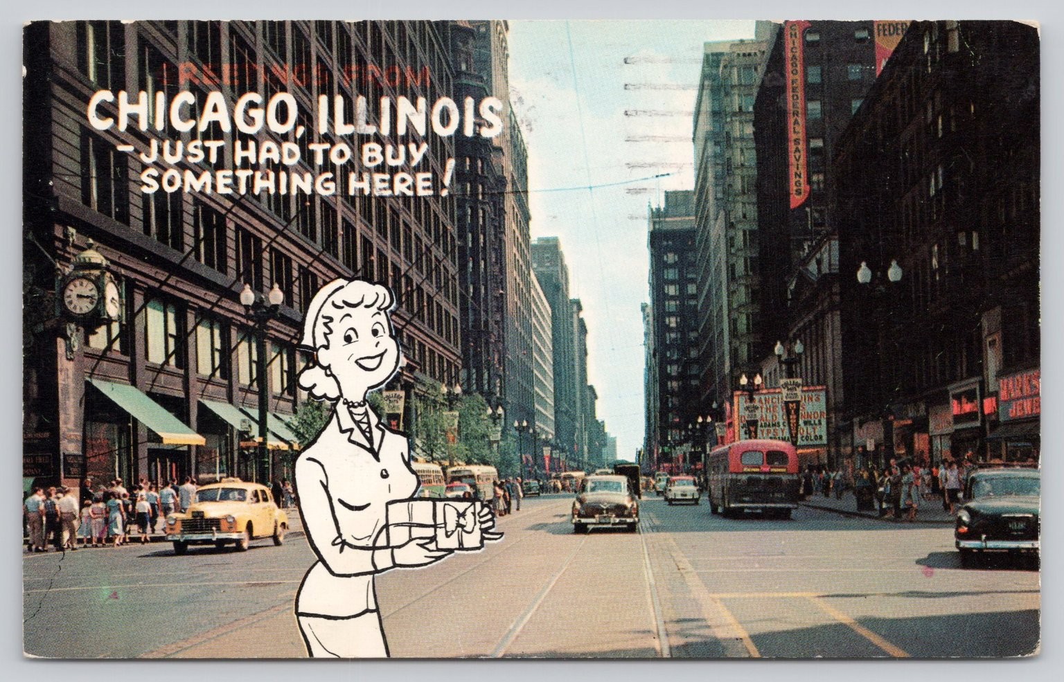 Vintage Chicago State Street Postcard - Cartoon Shopper & Busiest Corner