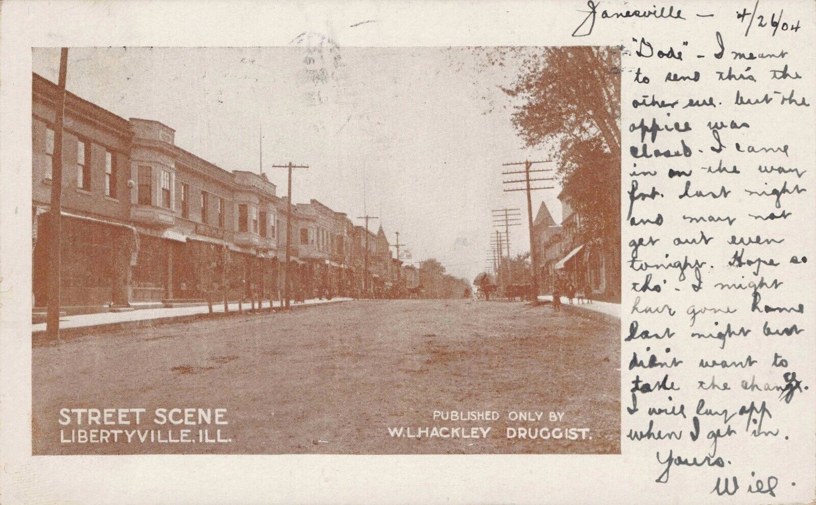 Postcard Street Scene Libertyville Illinois Hackley Druggist Photo 1906 PM VTG