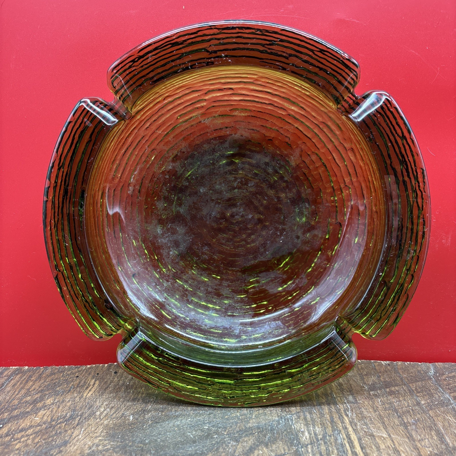 VTG Anchor Hocking Soreno Avocado Green Glass Cigar Ashtray 8.5” USA