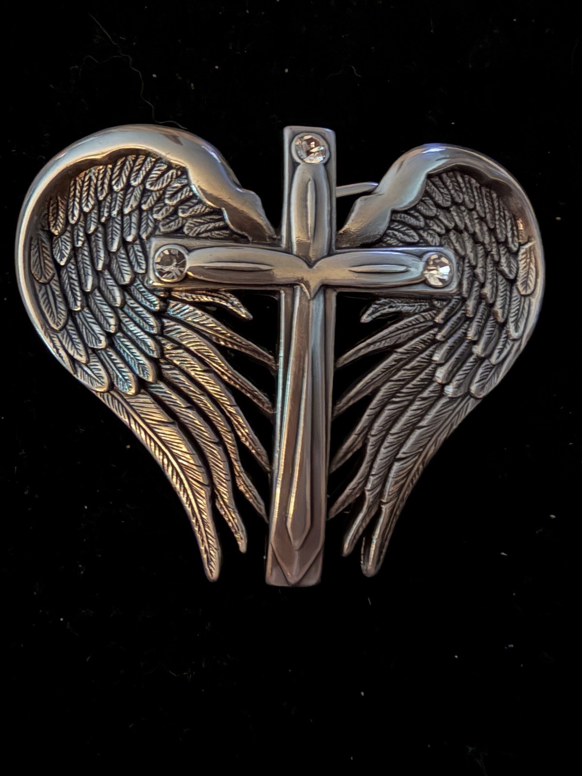 NOCONA Silver Rhinestone Heart & Cross Belt Buckle NIB Made In USA