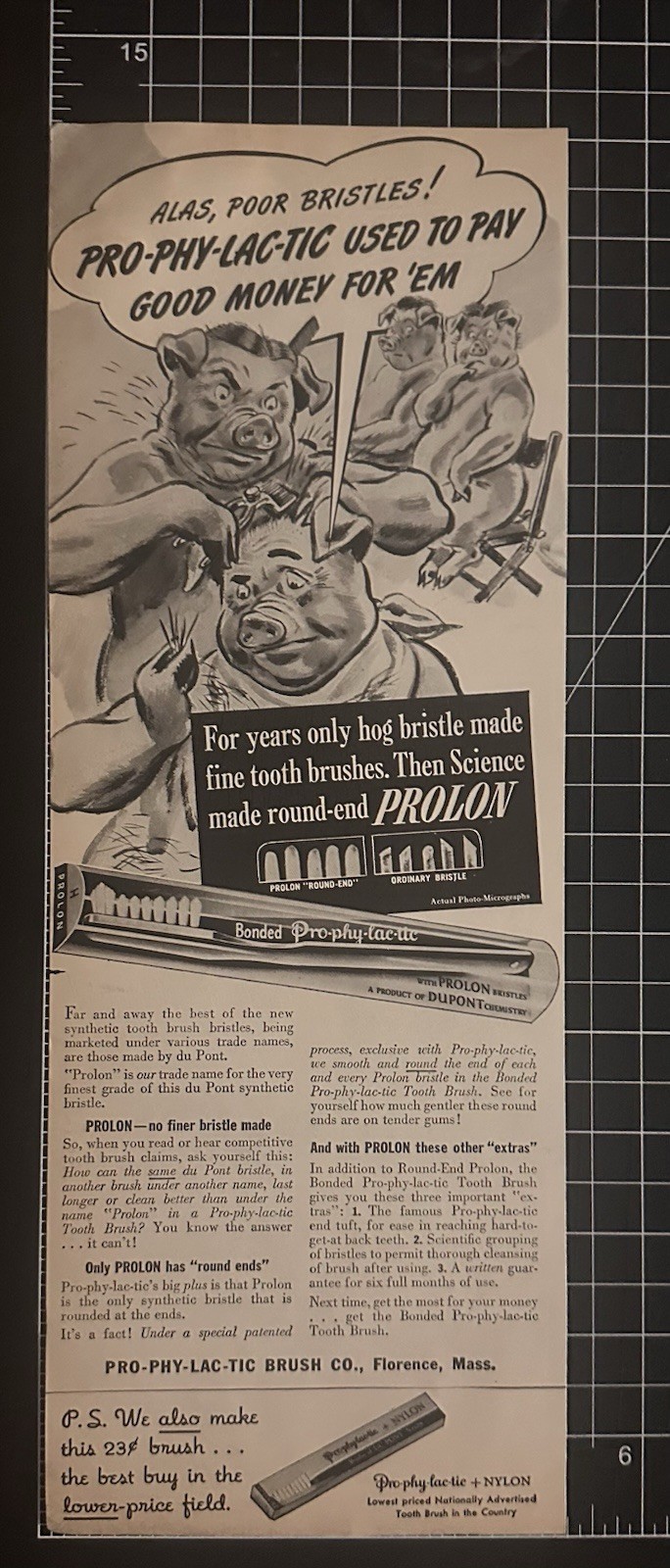 1943 Pro-phy-lac-tic Toothbrush Magazine Print Ad Vintage Original Pig Men 1940s