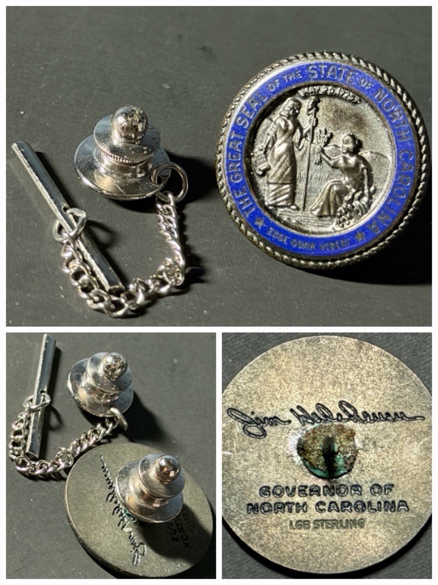 1970s RARE NC Governor James Holshouser Signed Sterling Silver Balfour Lapel Pin