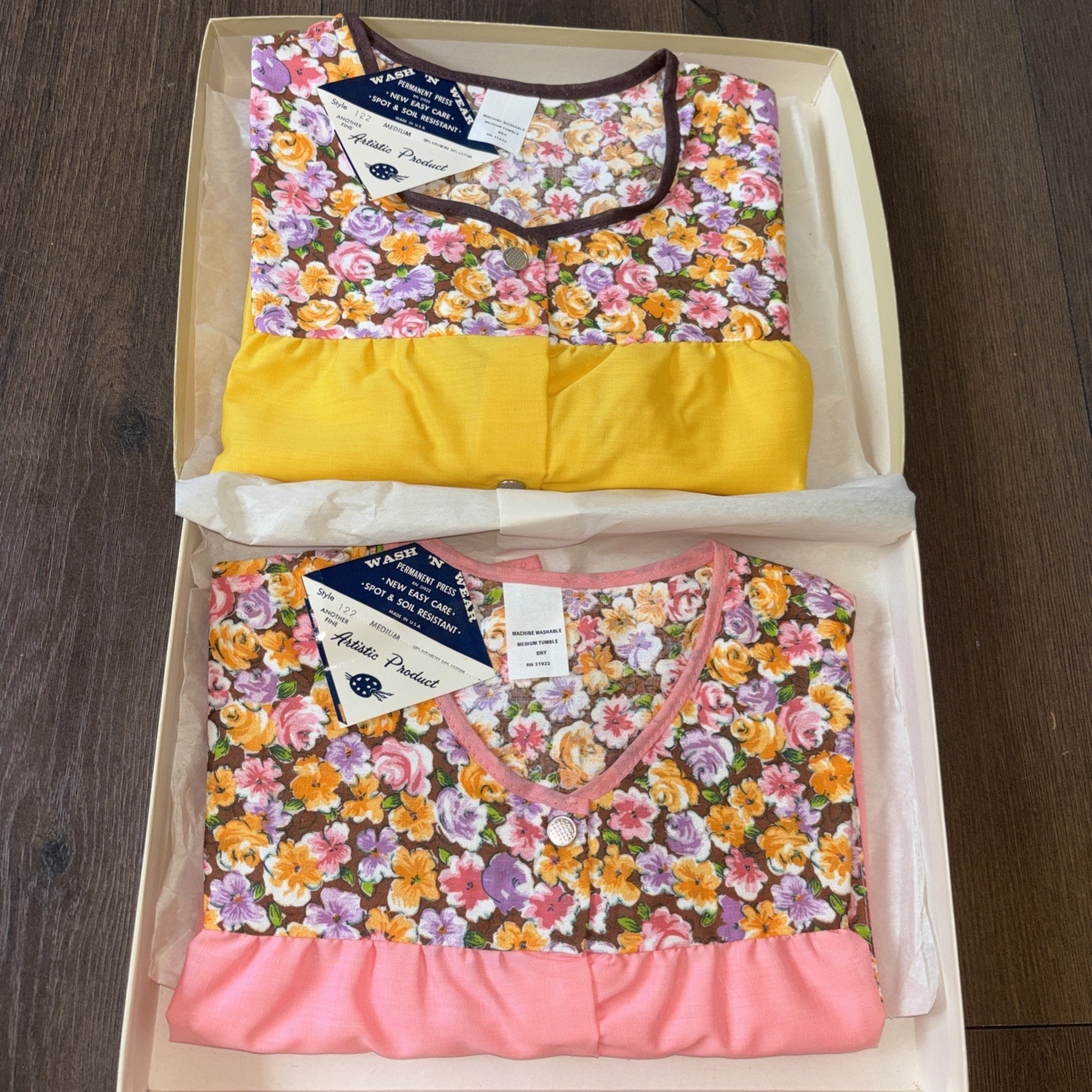 Vintage Fowler’s  Aprons Set Of 2 Yellow Pink Floral Buttons Size M