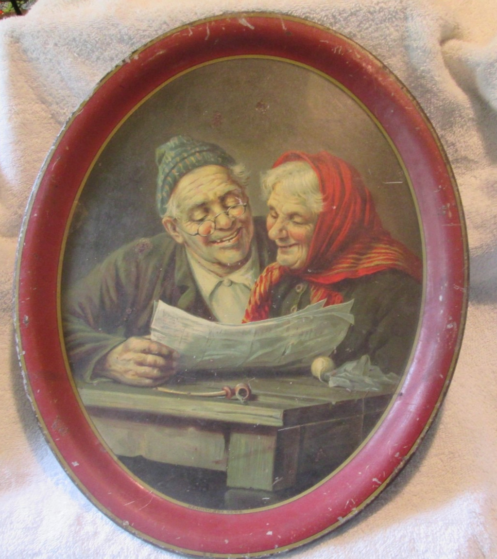 Antique Philip Bardeck  READING THE NEWS METAL BEER TRAY NEW BRITTAIN CT