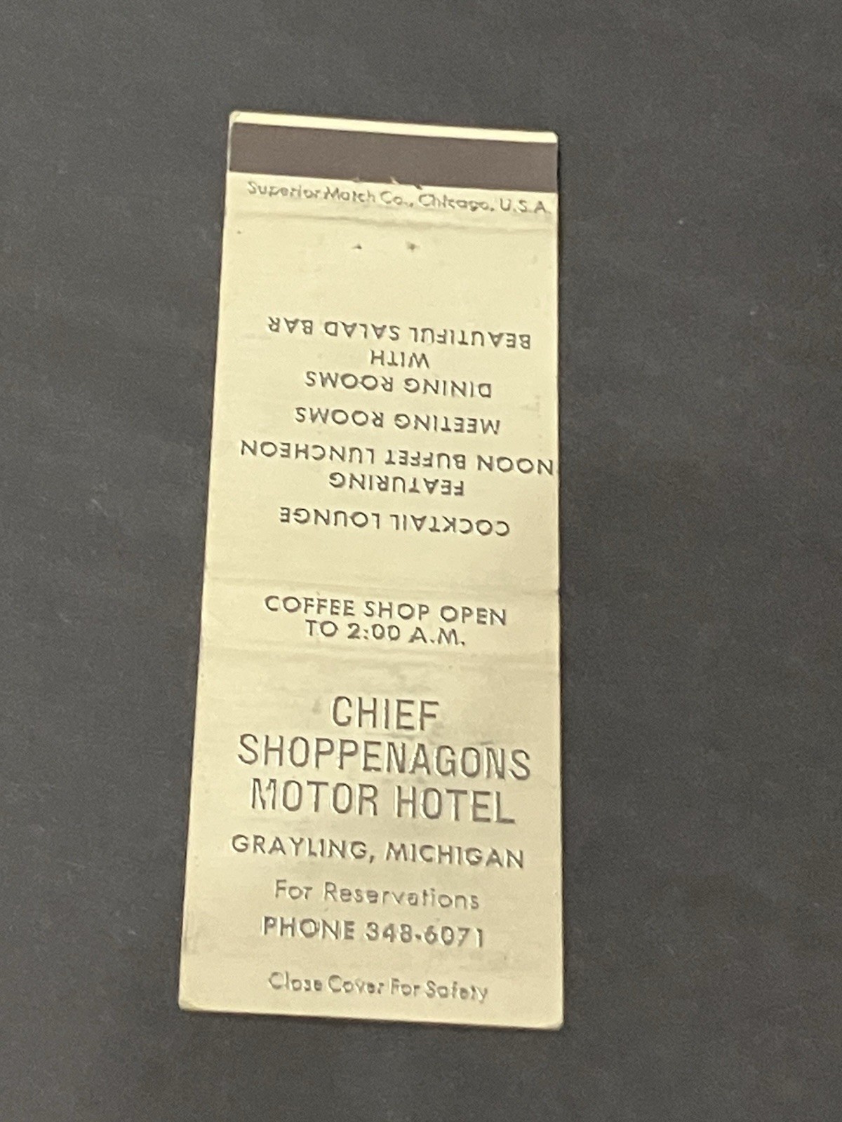 Vintage Michigan Matchbook “Chief Shoppenagon’s Motor Hotel” Grayling