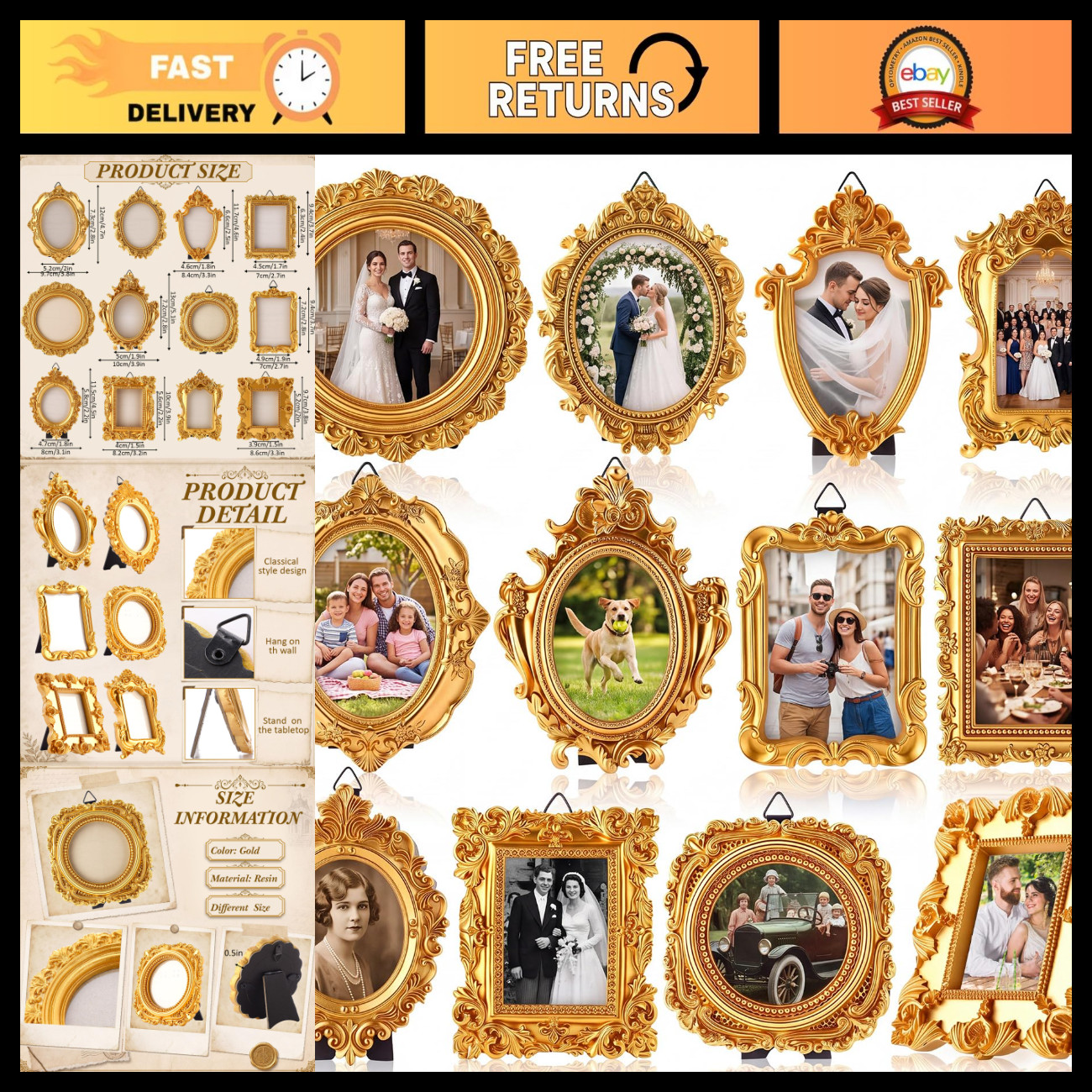 12 Pcs Mini Vintage Gold Picture Frames - Small Resin Decorative Frame Set
