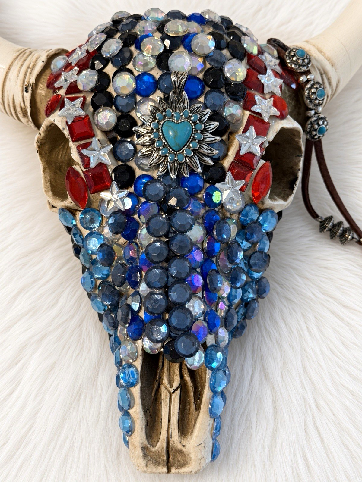 Handmade Patriotic Rhinestone Cow Skull Wall Art Red White Blue Turquoise Heart