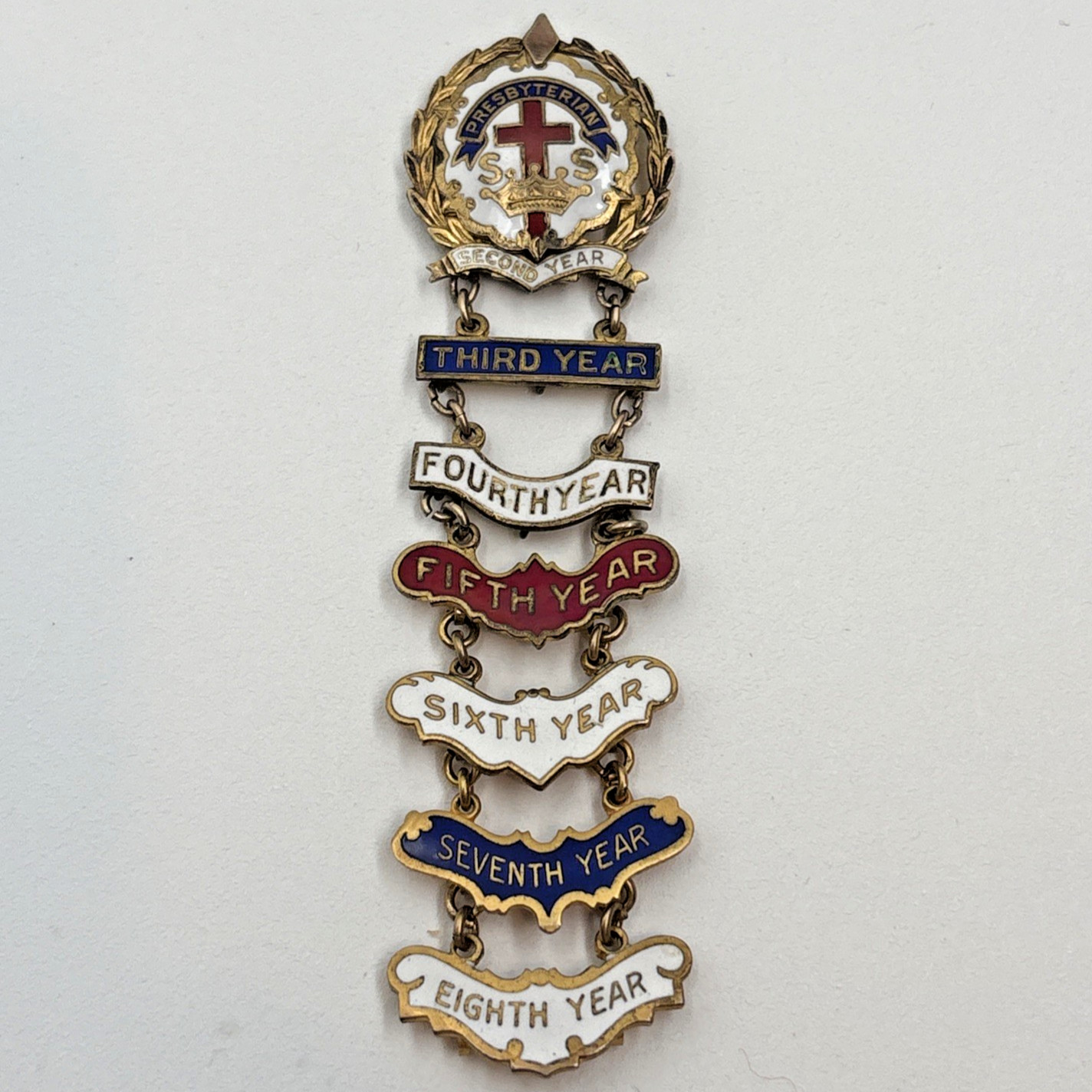 Vtg Presbyterian Sunday School 1/20 10K Gold Filled 8 Year Pin Littles Enamel