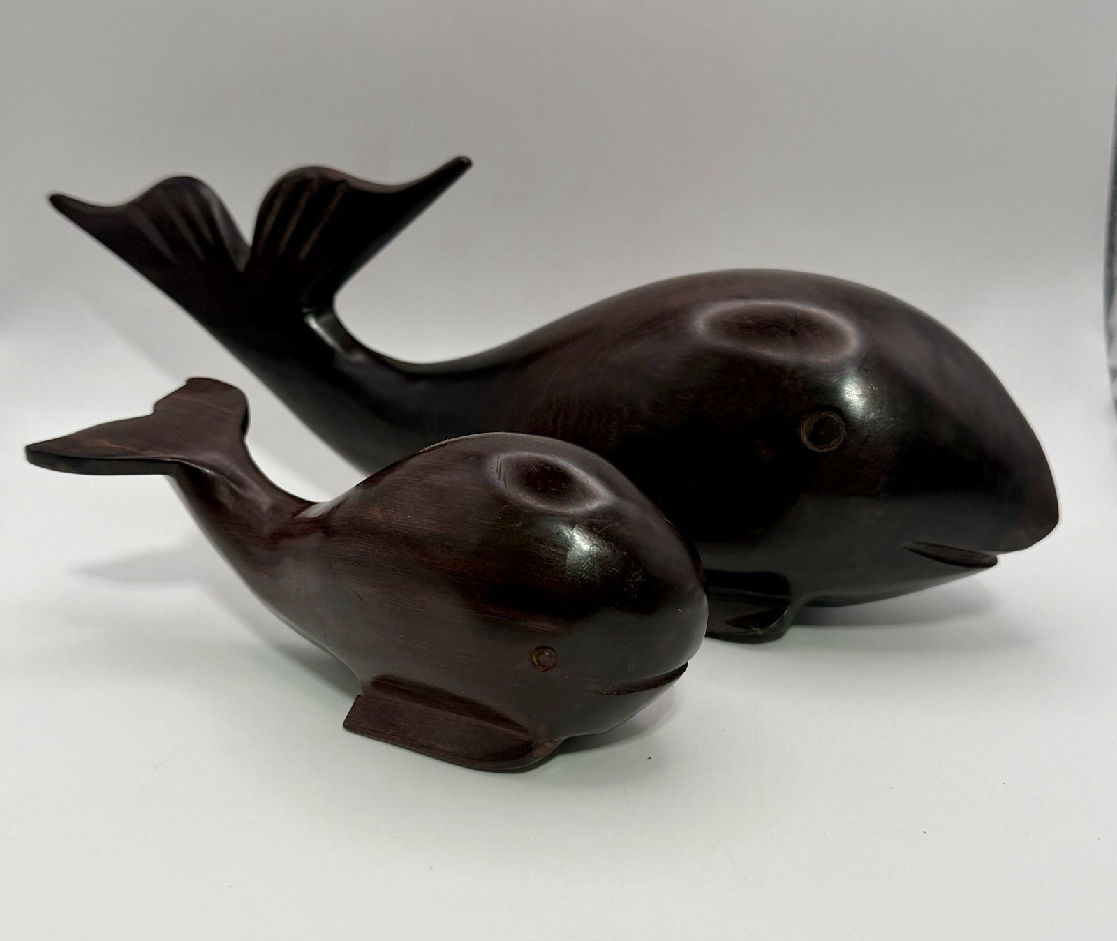 Vintage Ironwood Whale &  Baby Calf Statue Hand Carved Figurine 13” & 7” Long