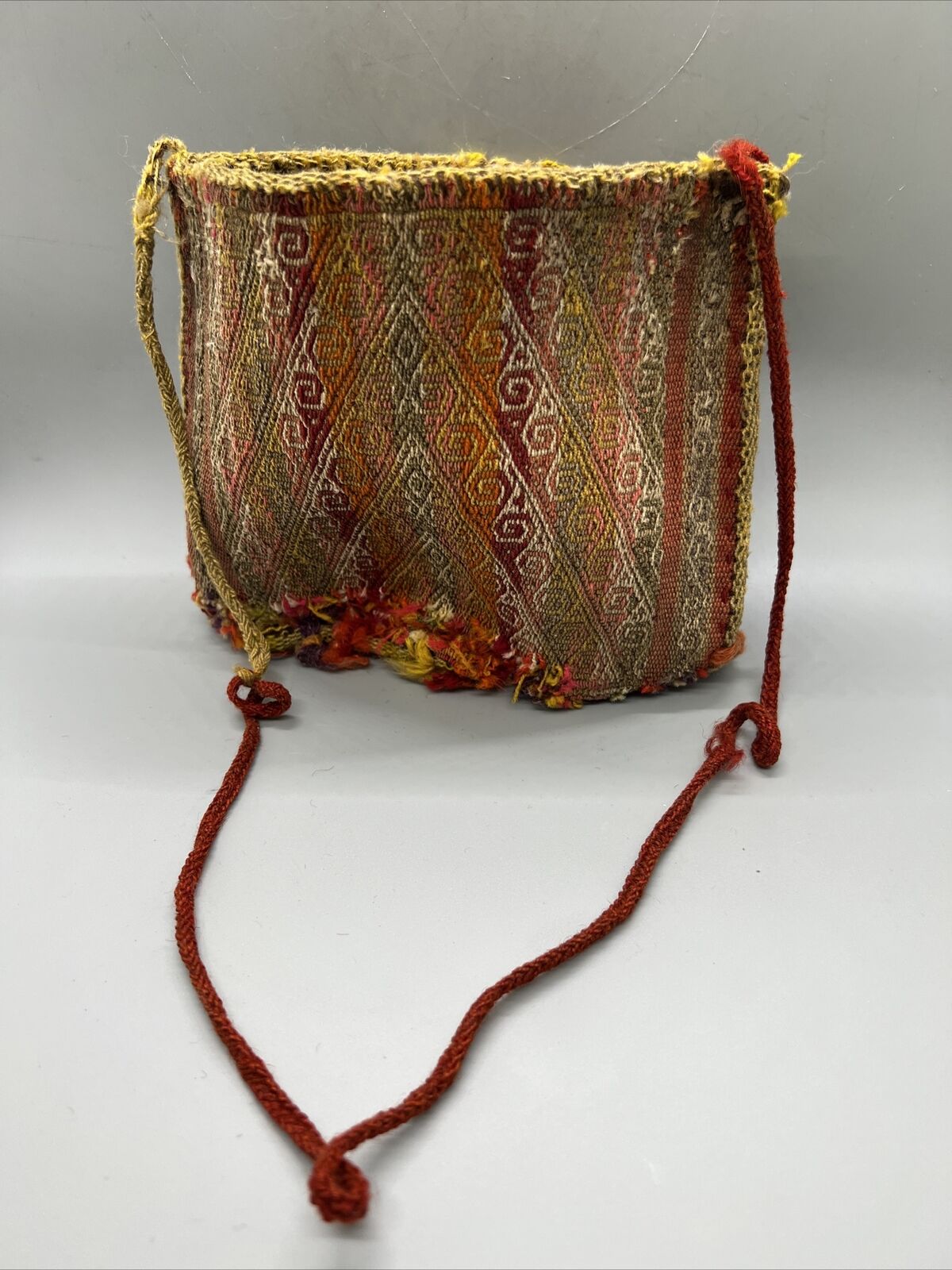 Antique Hand Woven Peru Peruvian Wool Textile Brown & Pink 7.5x6.5 Saddle Bag