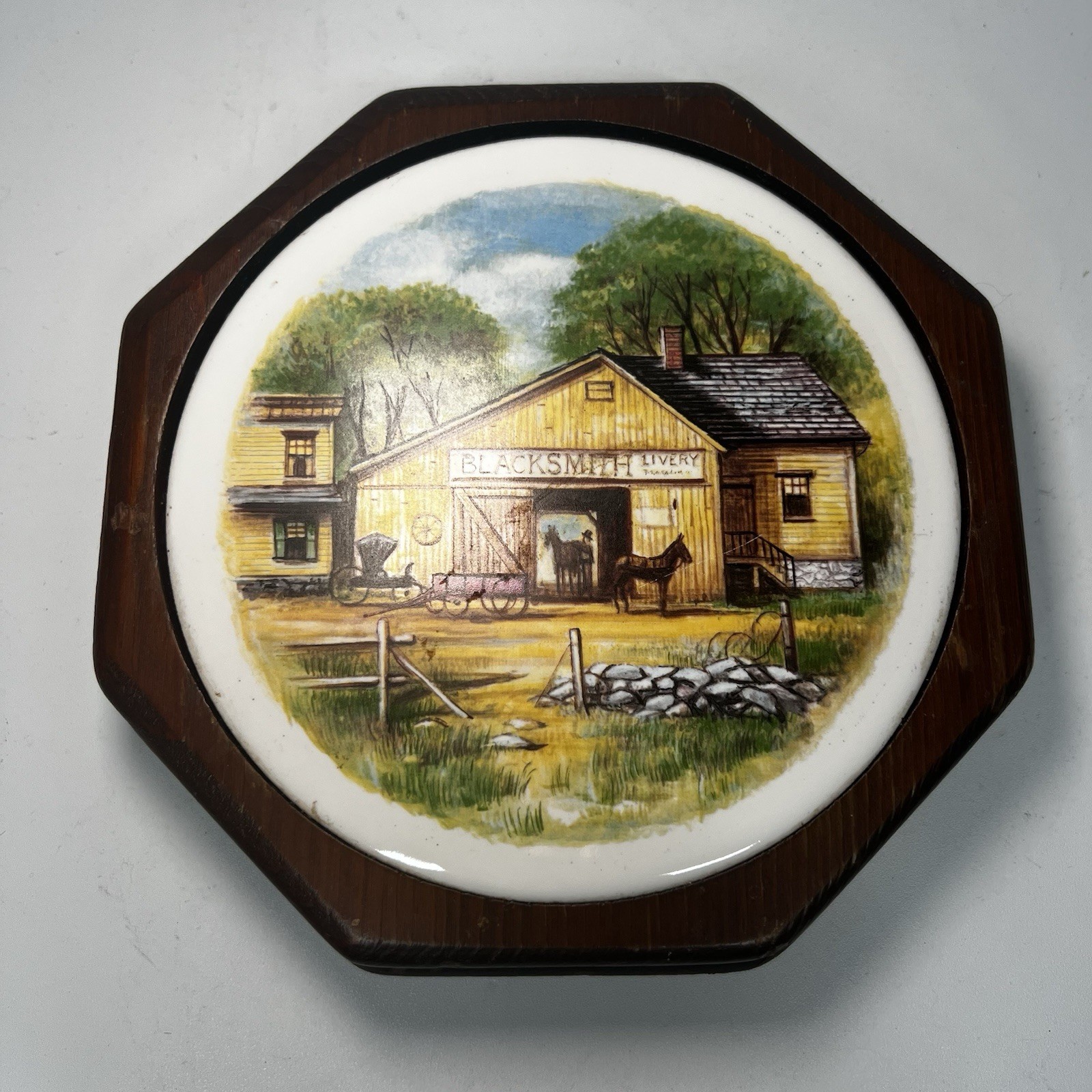 Wood & Ceramic Trivet Blacksmith Livery VINTAGE, Made Vermont