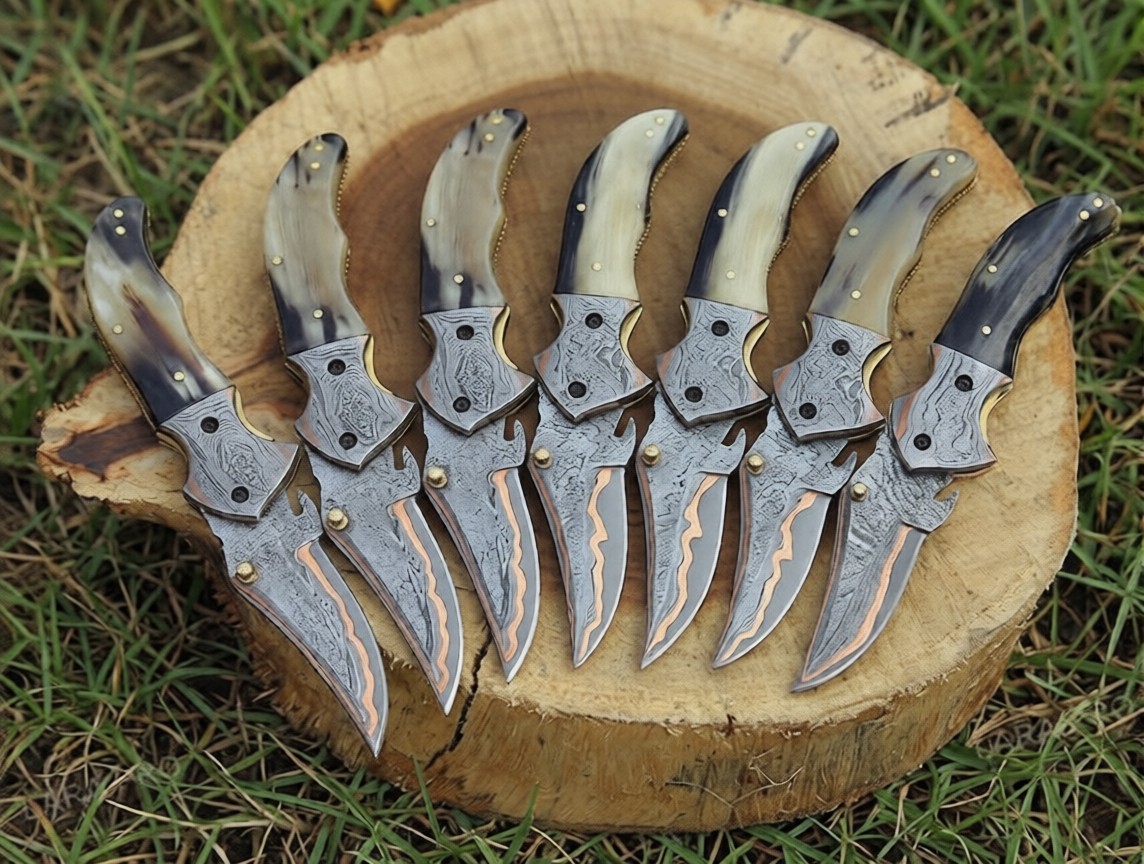 Lot of 10 Handmade Copper Damascus Steel Pocket Folding Knife With W/Sheath 