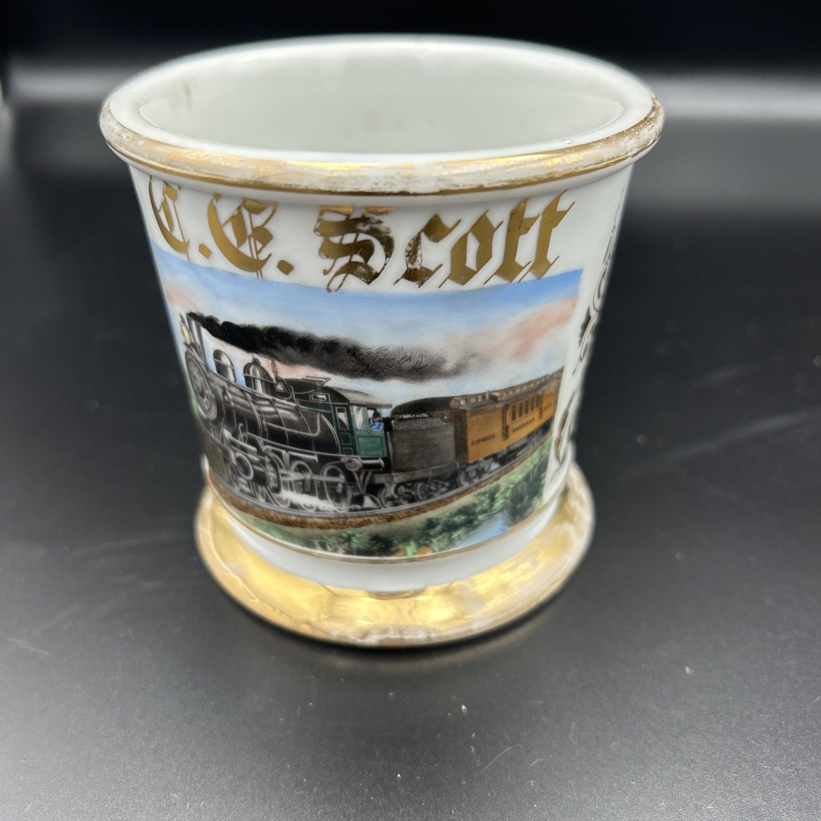 Antique  Occupational Shaving Barber Mug Locomotive Train Personalized Scott