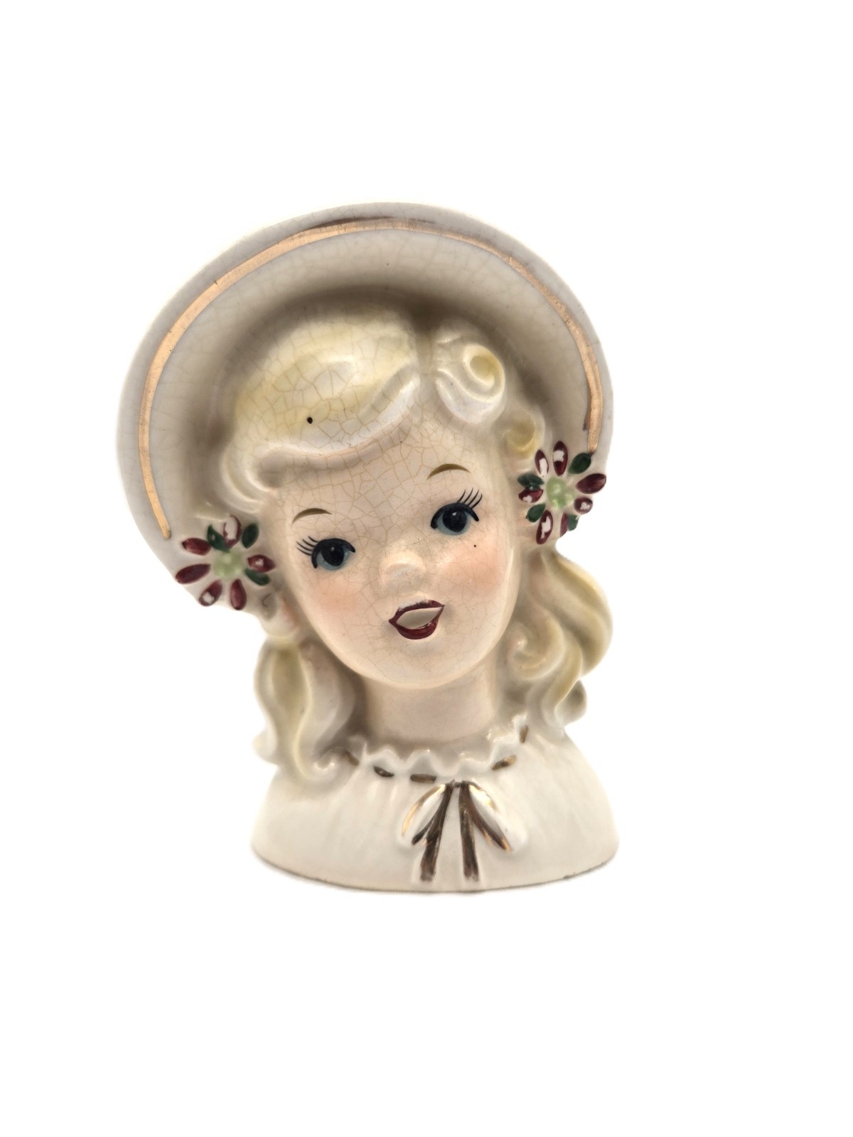 Vintage 1964 Christmas Girl Head Vase Poinsettia 4” Inarco E-1274