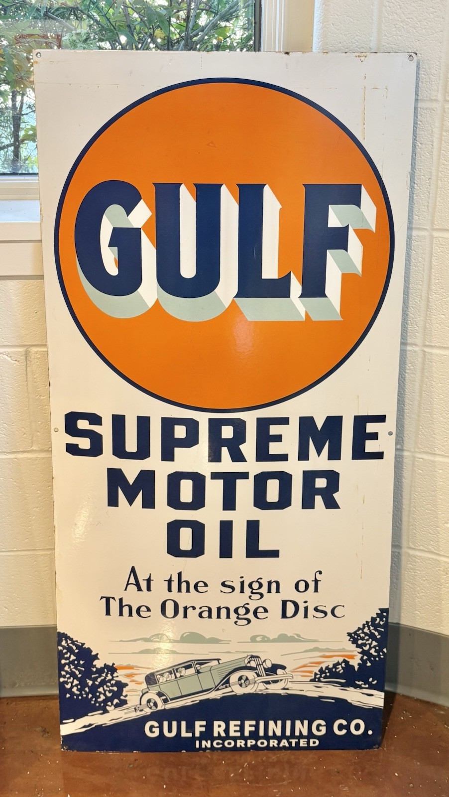 GULF Supreme Motor Oil Vintage Used Porcelain Sign, 48” x 22.5”
