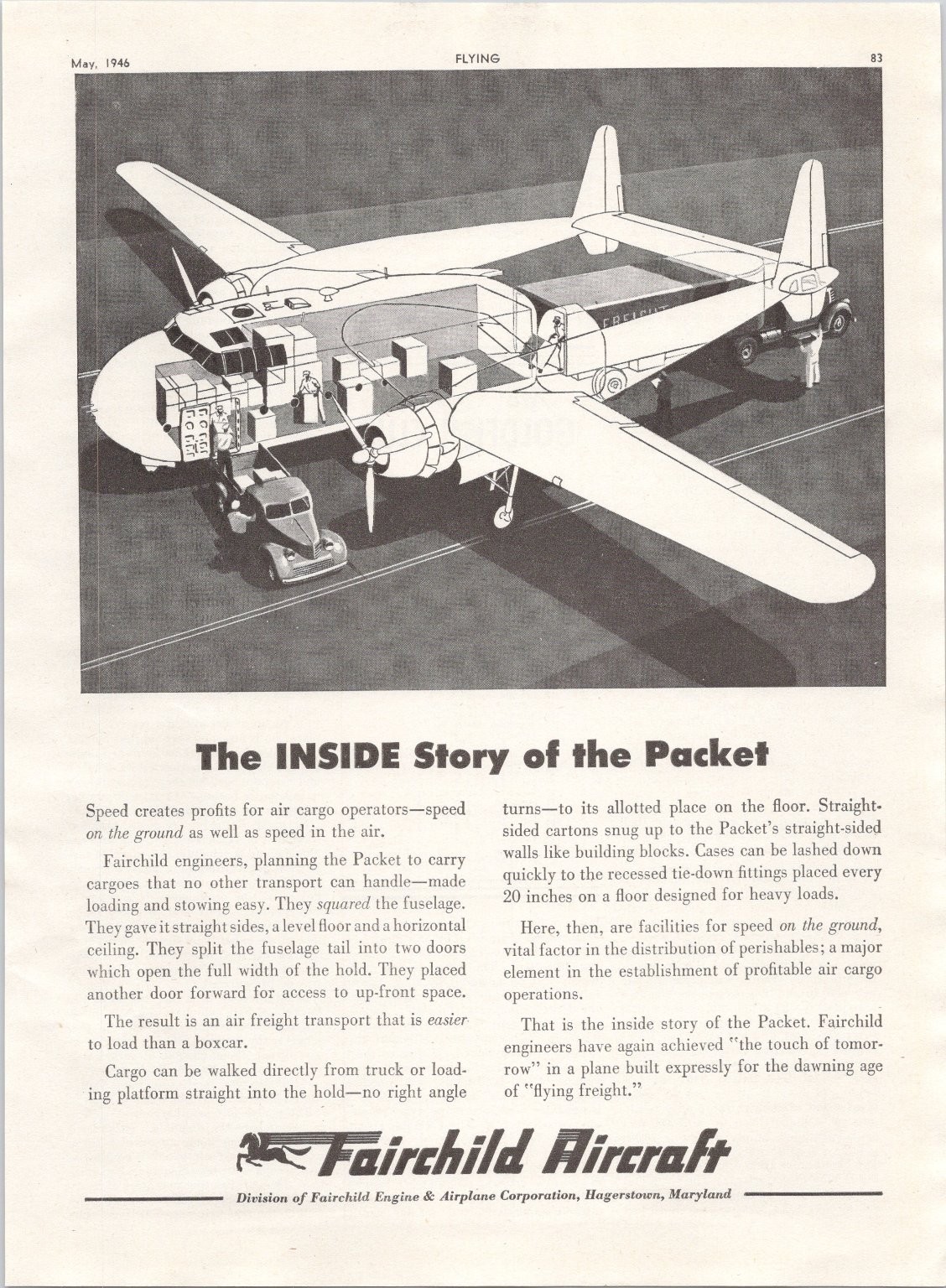 1946 Fairchild Aircraft C-82 Packet Cargo Plane Vintage Magazine Ad Print