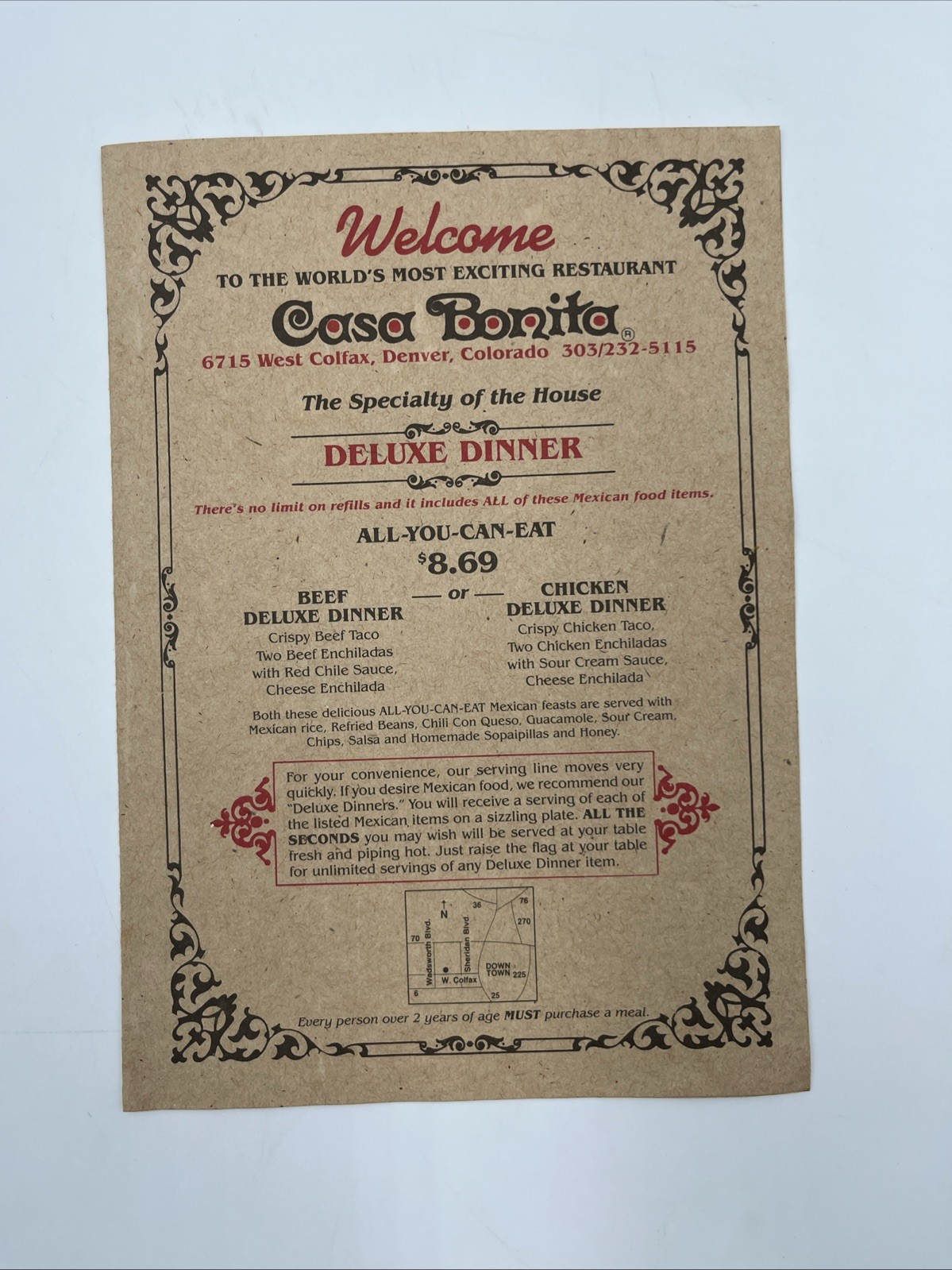 Vintage Casa Bonita Restaurant Menu Denver CO Trey Parker Matt Stone South Park