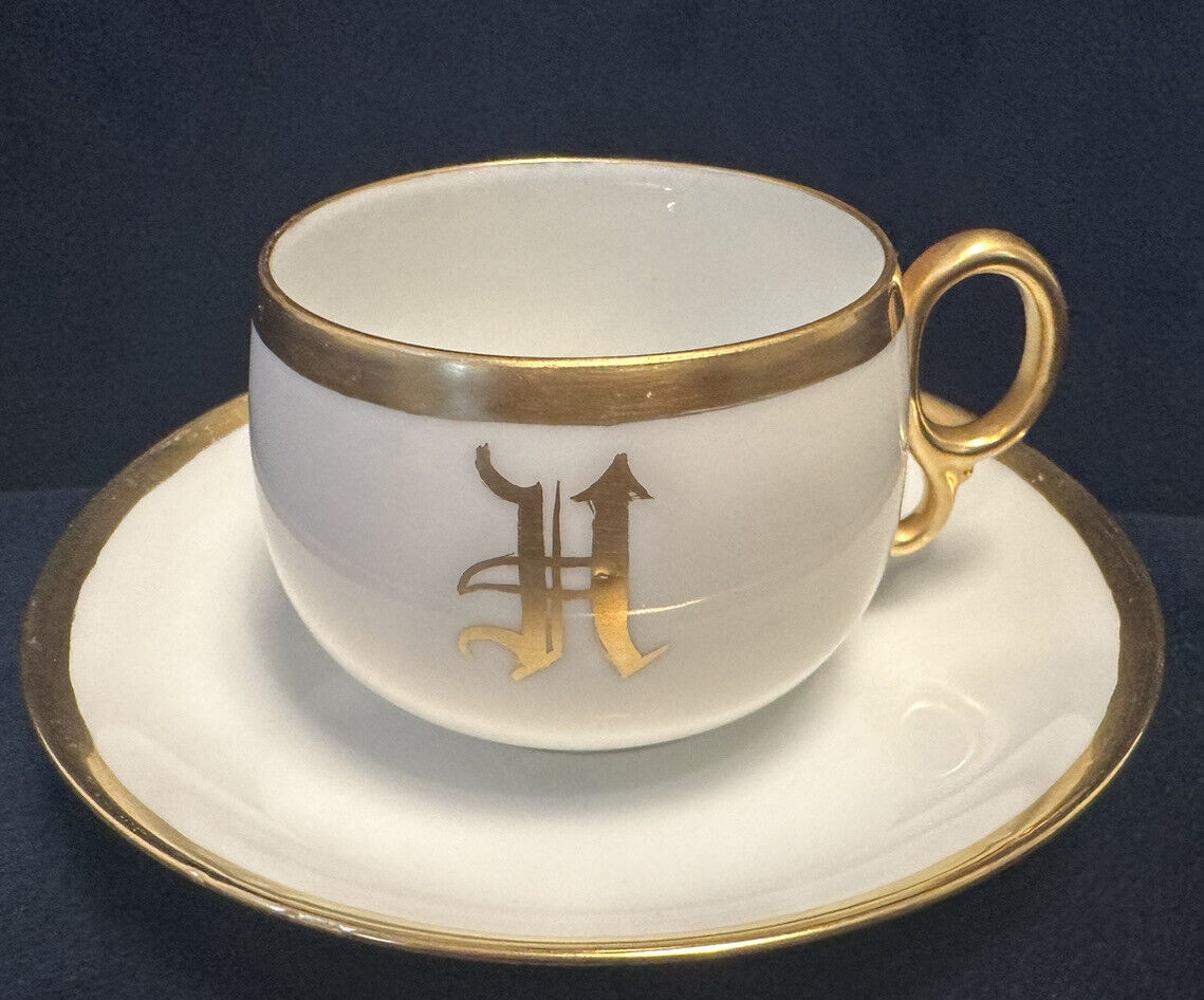 Vintage Epiag Czech Teacup & Saucer  monogram initial “H”w/Gold Trim Fine China