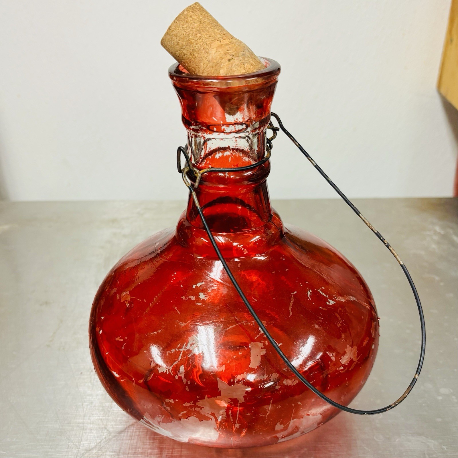 VTG Antique Red Glass Fly Bee Wasp Insect Trap Wire Hanger Pedestal Footed