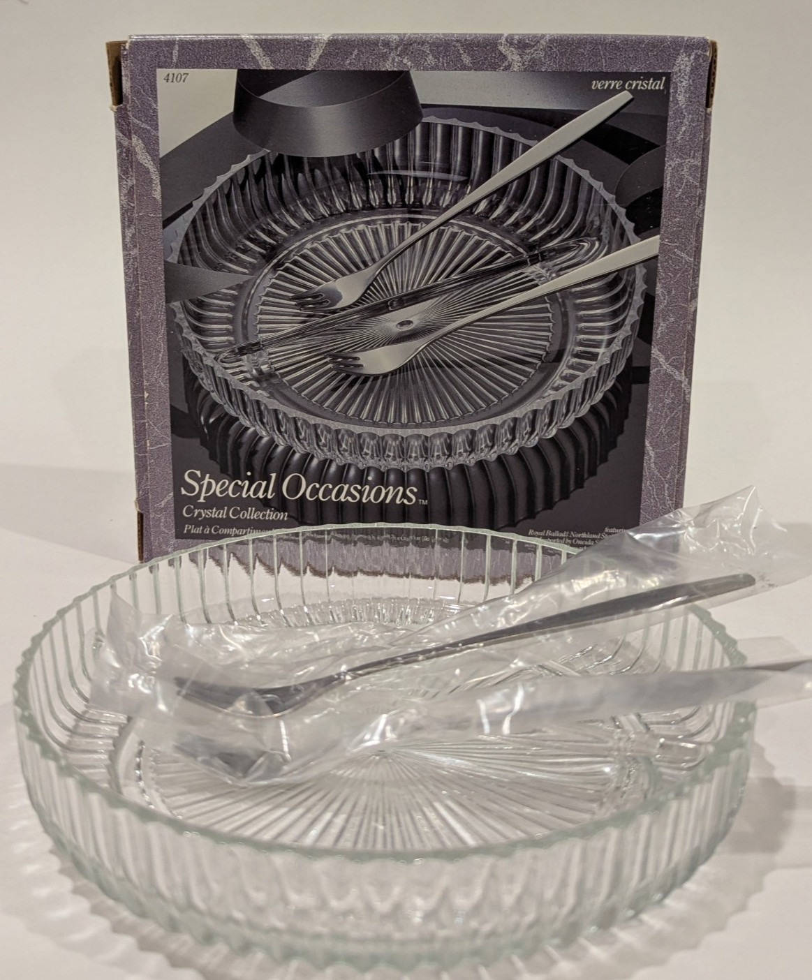 Vintage Indiana Glass AMERICAN Crystal Relish Dish Two Compartments 2 Forks
