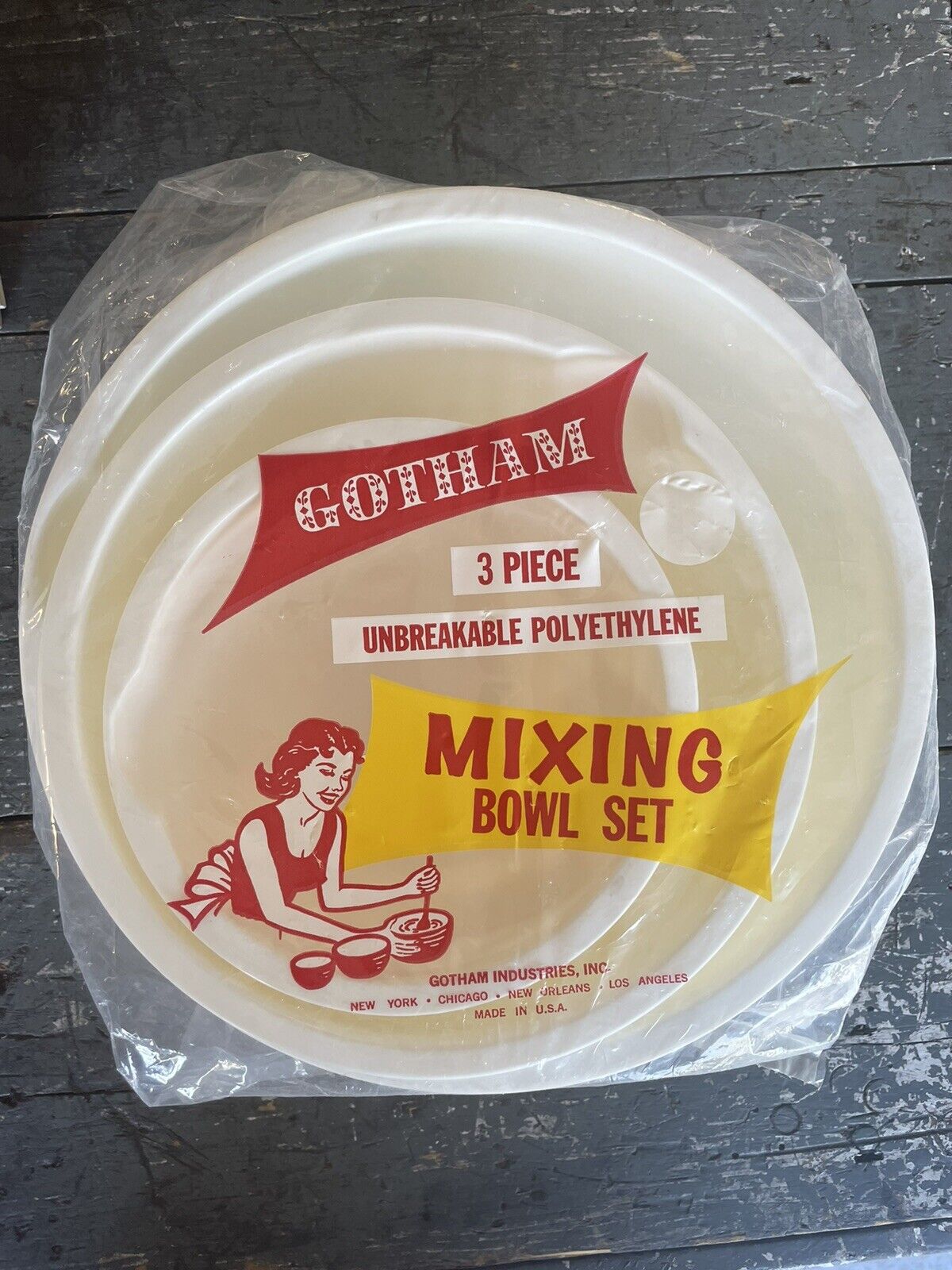 NOS Vintage 3-Piece GOTHAM Unbreakable Polyethlene White Mixing Bowl Set