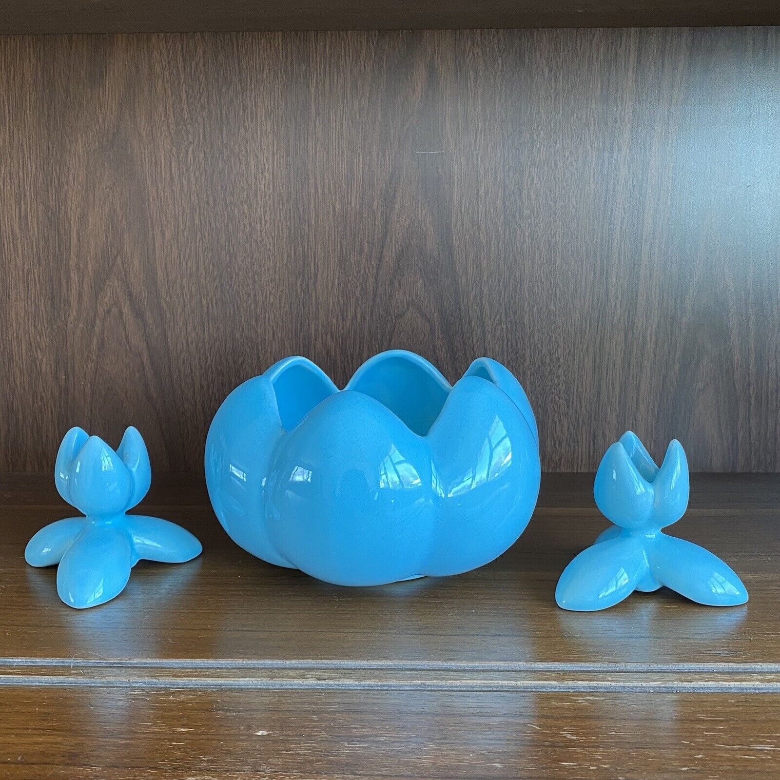 Vintage CAMARK Bowl Planter with 2 Candle Holders Teal Blue Lotus Flower Pottery