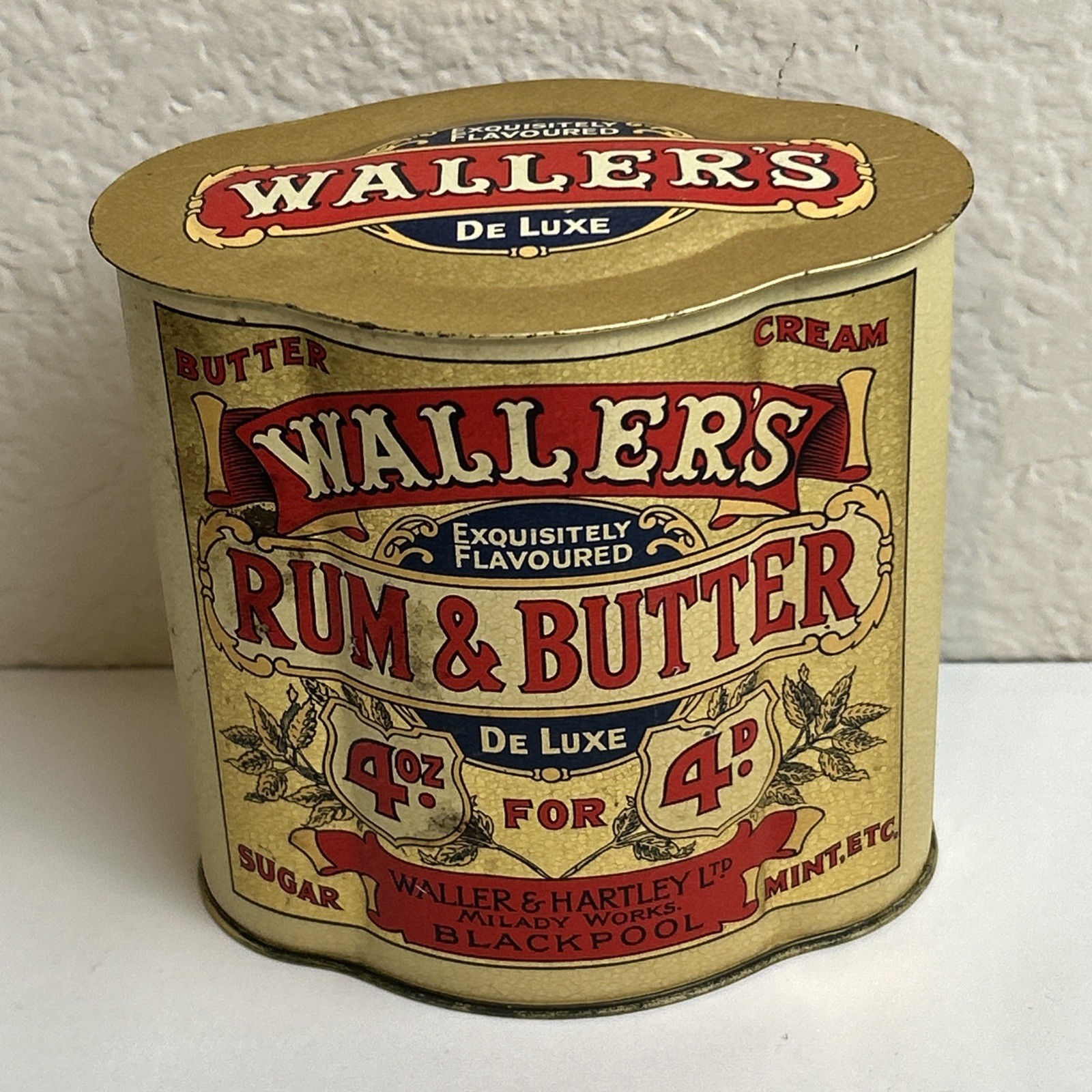 Vintage Waller’s Rum & Butter English Candy Tin Can Empty 5” 4oz (e4)